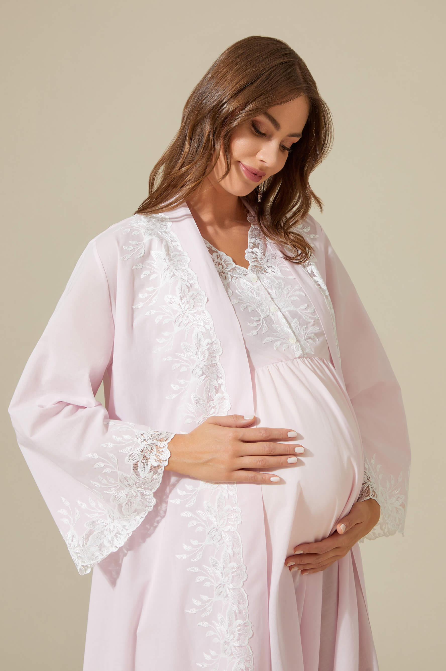 Maia-Trimmed Cotton Voile Long Sleeve Robe Set - Baby Pink