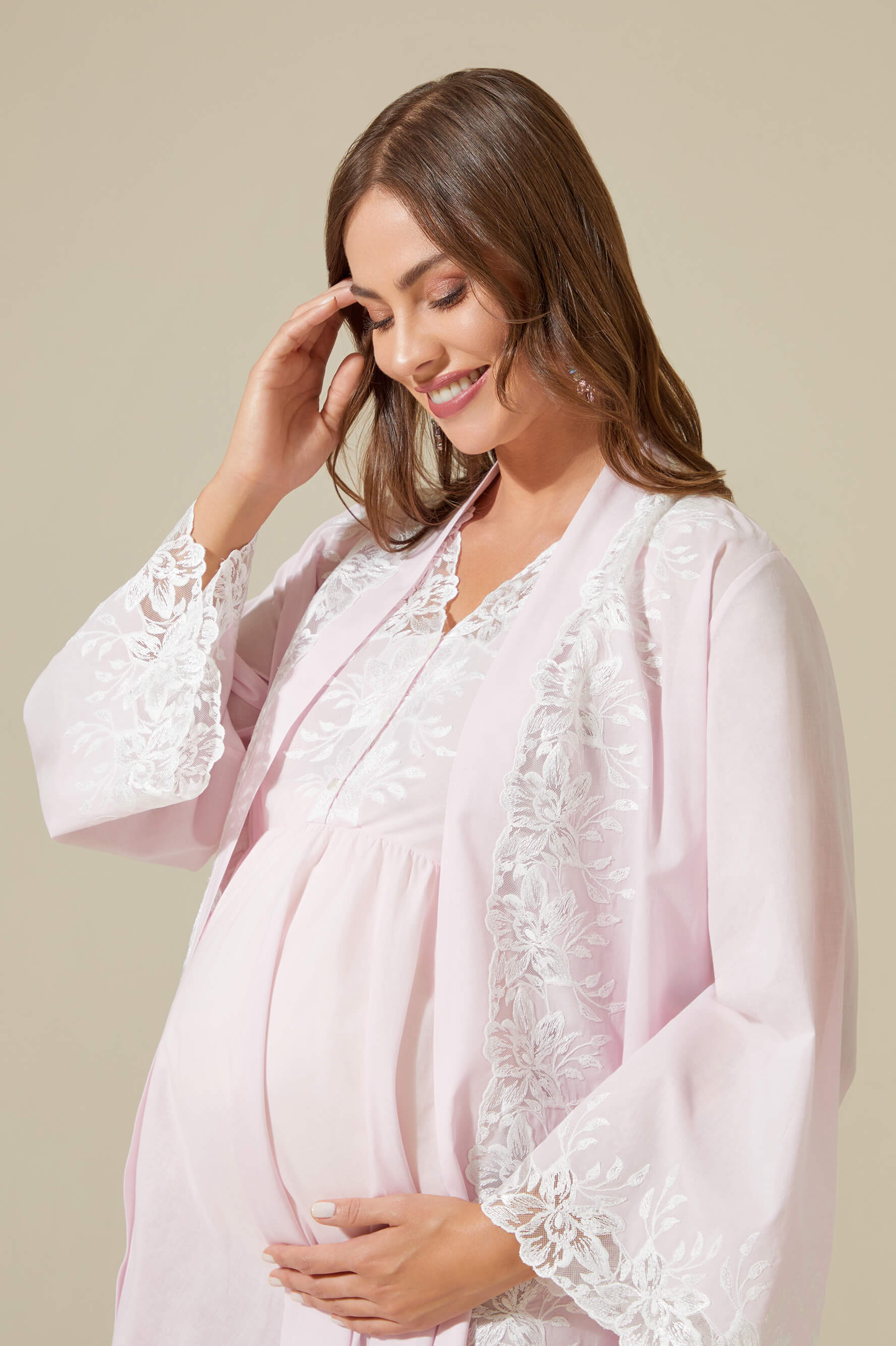 Maia-Trimmed Cotton Voile Long Sleeve Robe Set - Baby Pink