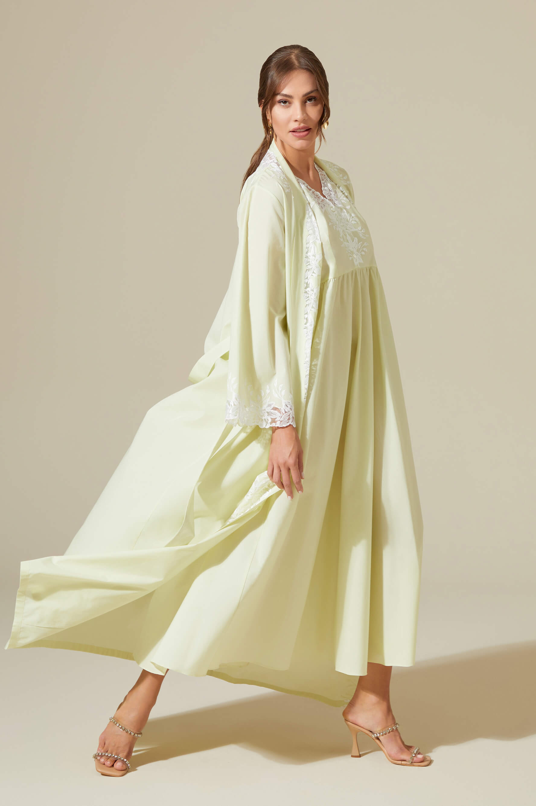 Maia - Trimmed Cotton Voile Long Sleeve Robe Set - Light Green