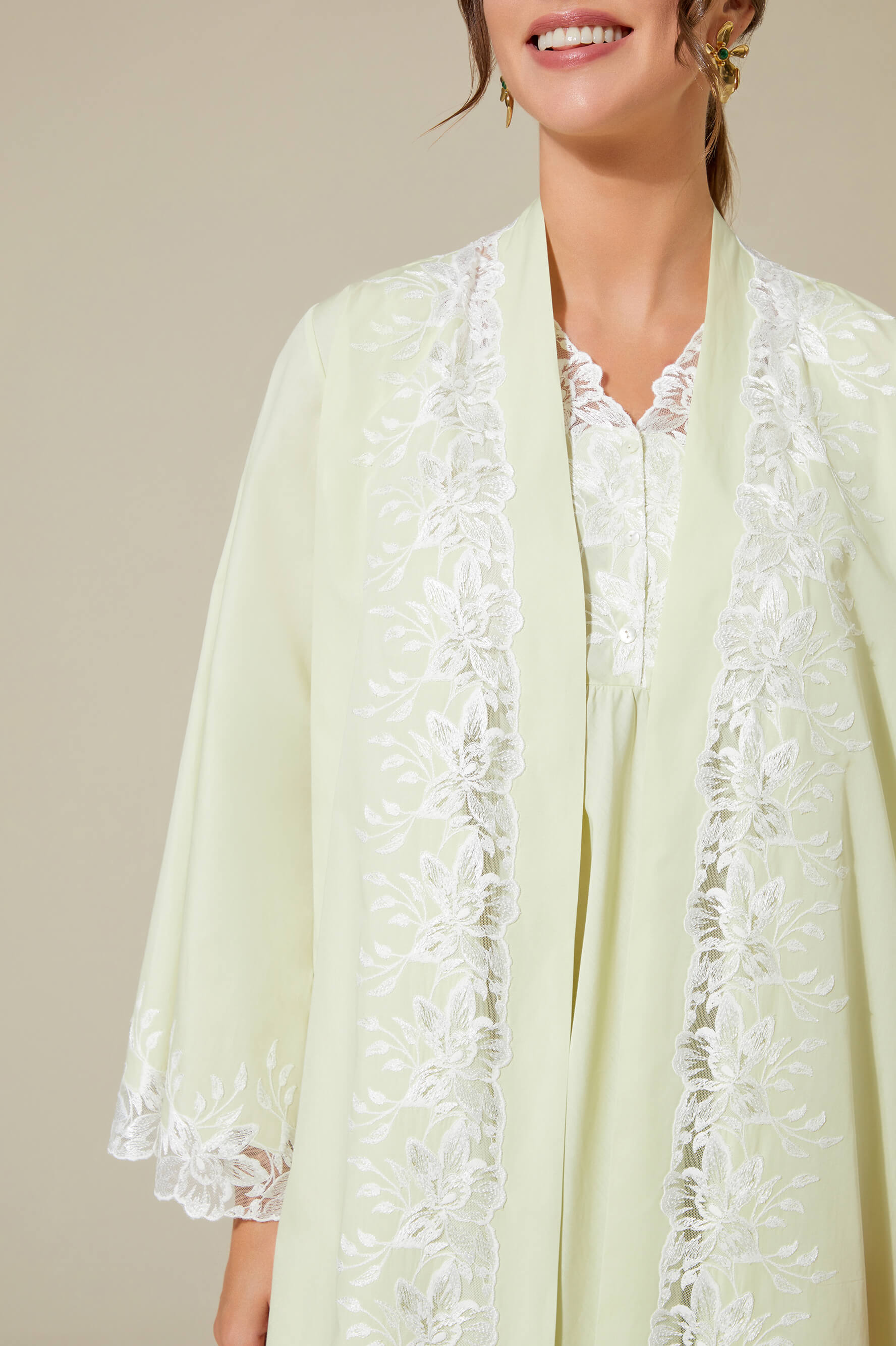 Maia - Trimmed Cotton Voile Long Sleeve Robe Set - Light Green