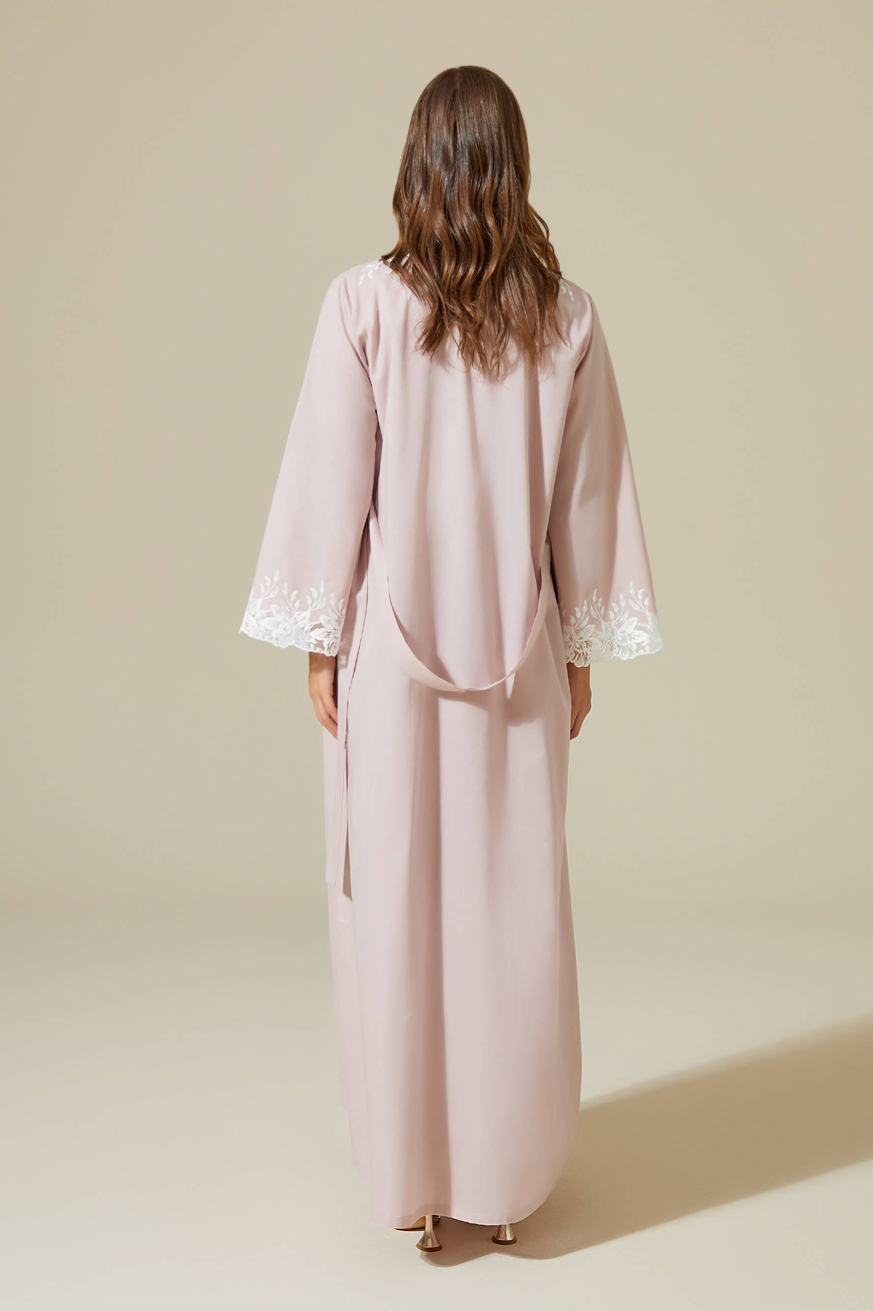 Maia - Trimmed Cotton Voile Long Sleeve Robe Set - Powder