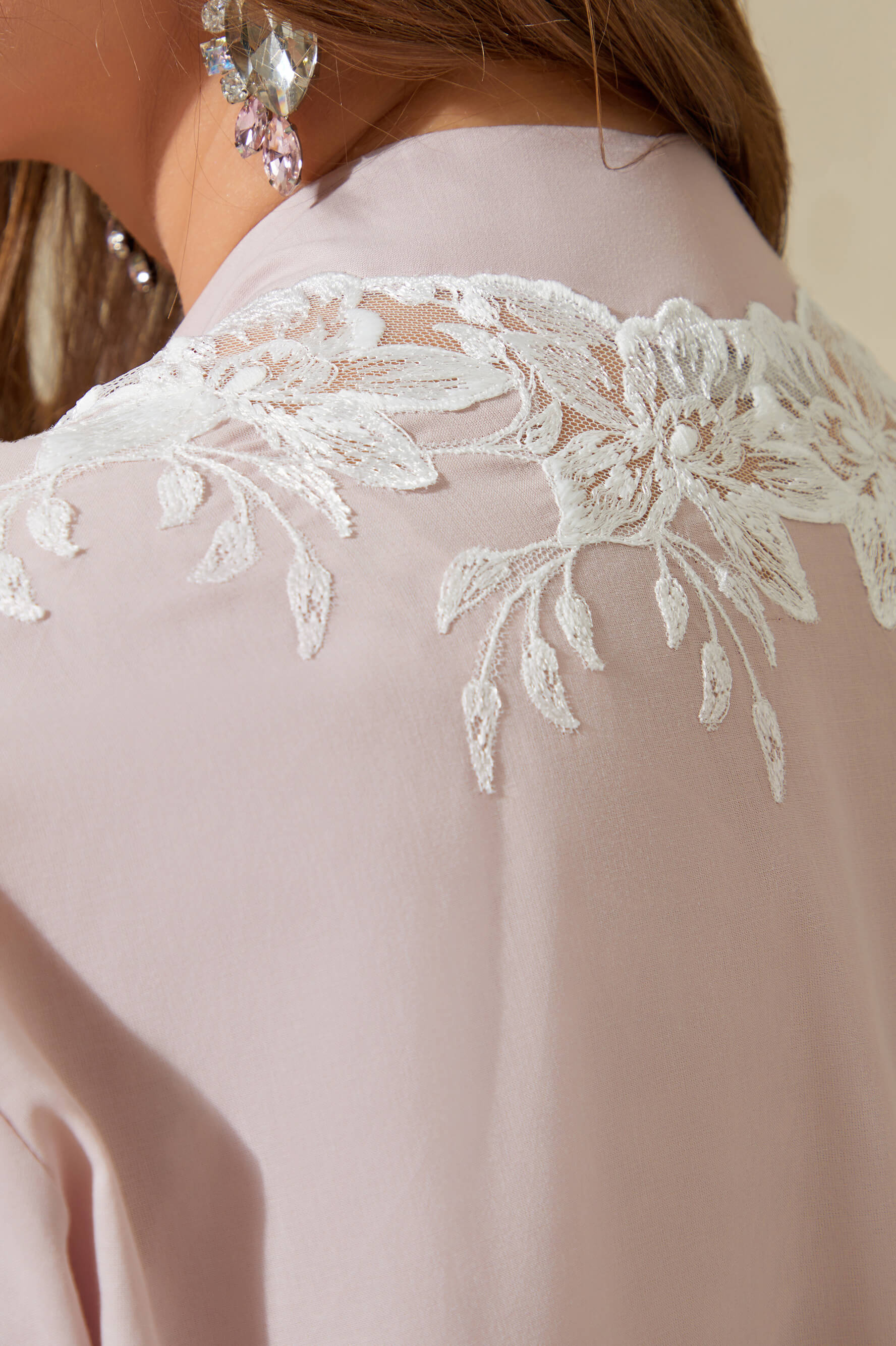 Maia - Trimmed Cotton Voile Long Sleeve Robe Set - Powder
