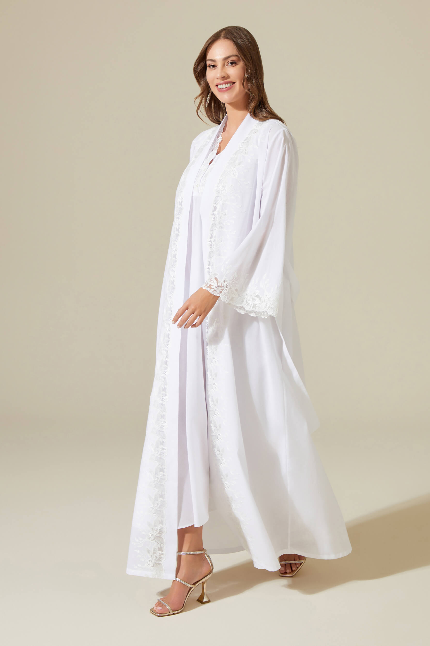 Maia - Trimmed Cotton Voile Long Sleeve Robe Set - Off White