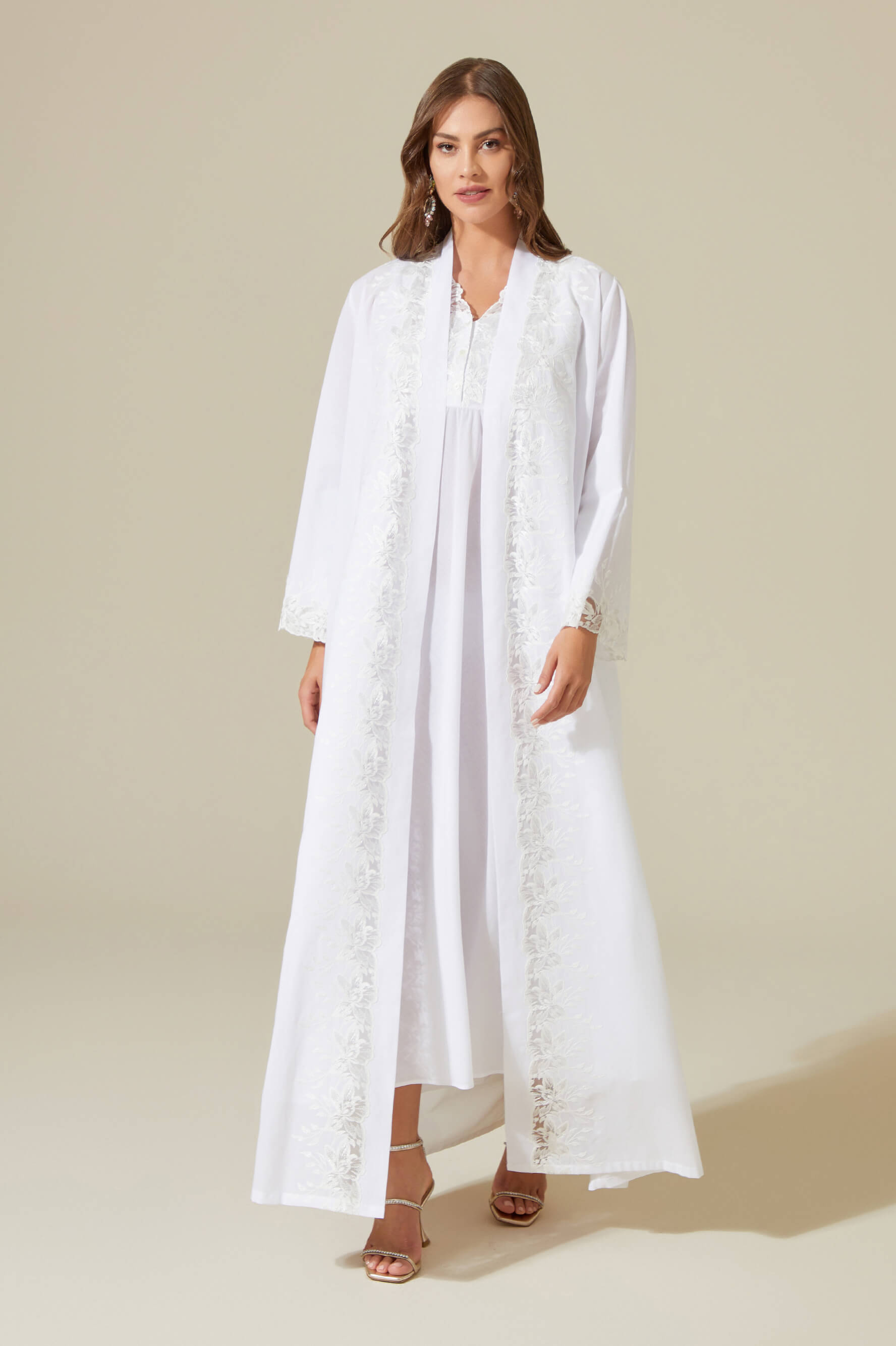 Maia - Trimmed Cotton Voile Long Sleeve Robe Set - Off White