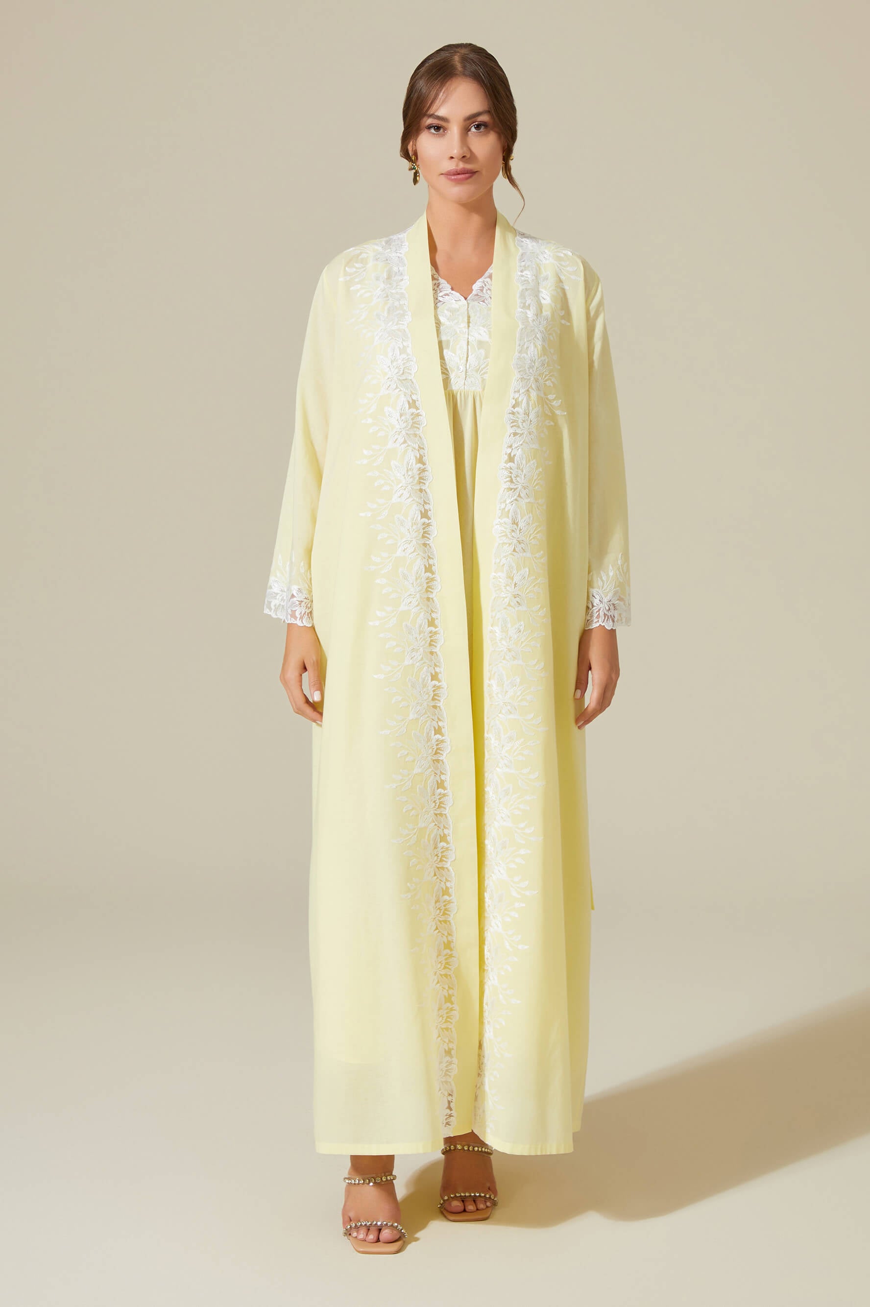 Maia - Trimmed Cotton Voile Long Sleeve Robe Set - Light Yellow