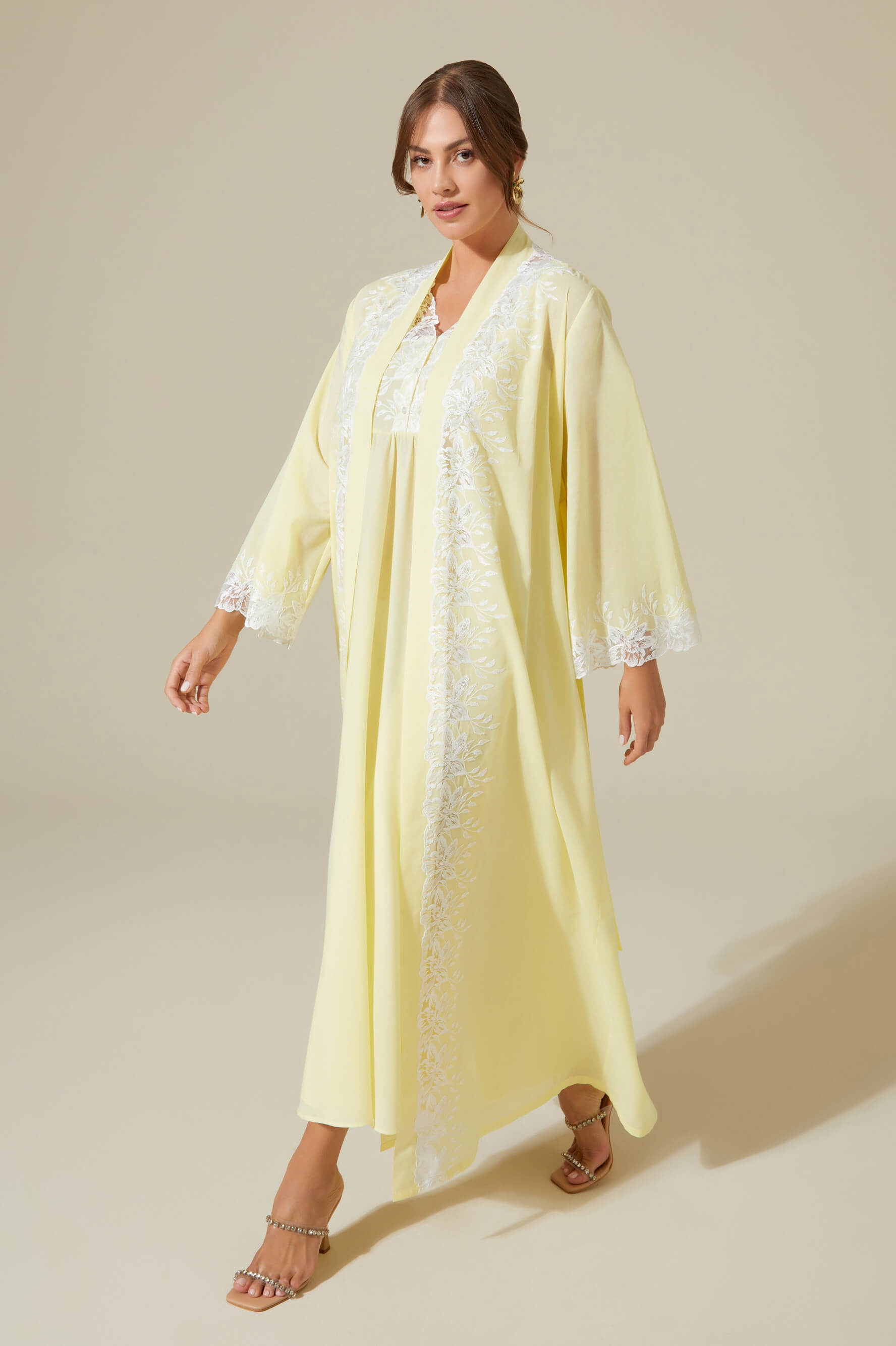 Maia - Trimmed Cotton Voile Long Sleeve Robe Set - Light Yellow