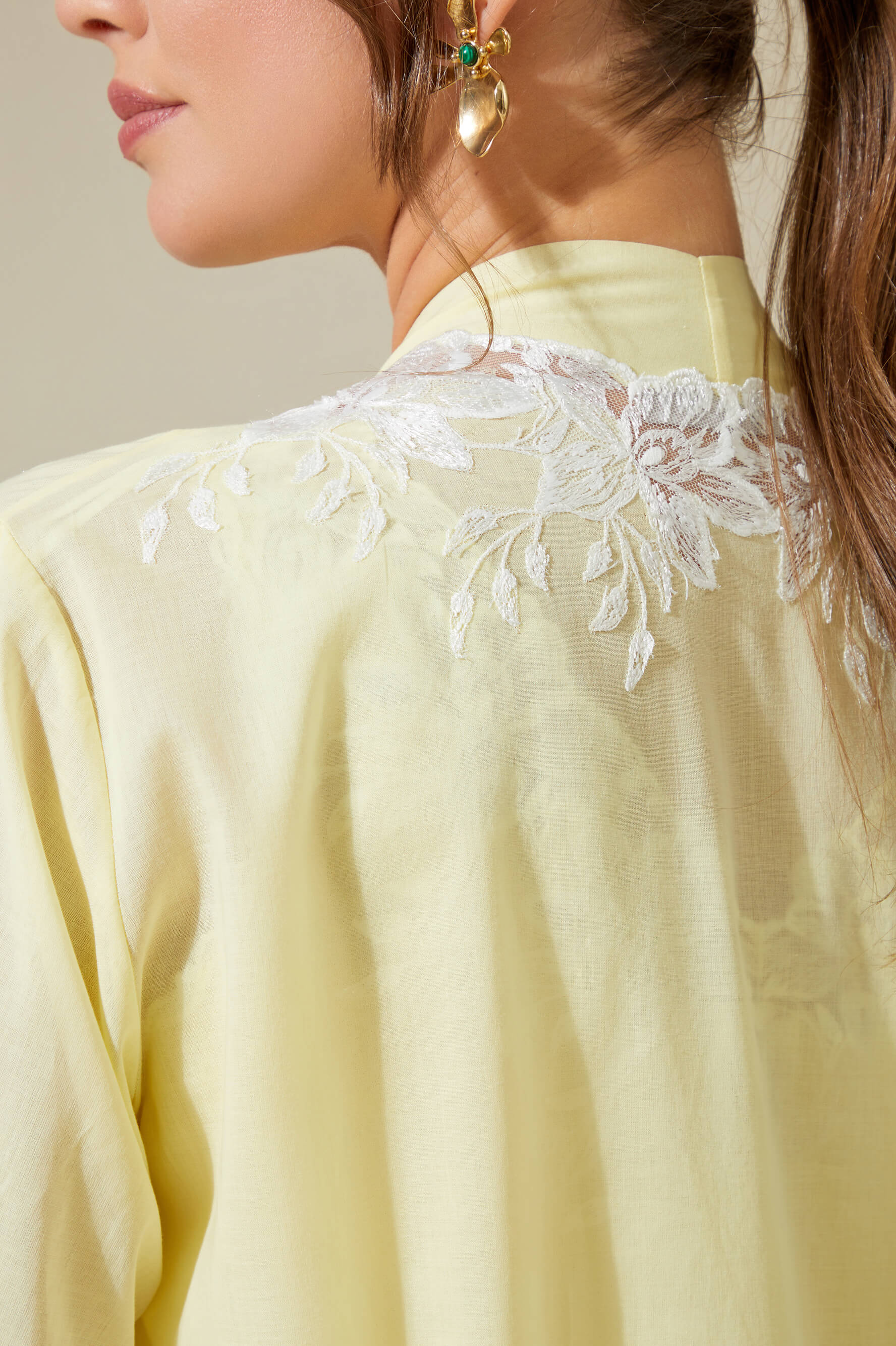 Maia - Trimmed Cotton Voile Long Sleeve Robe Set - Light Yellow