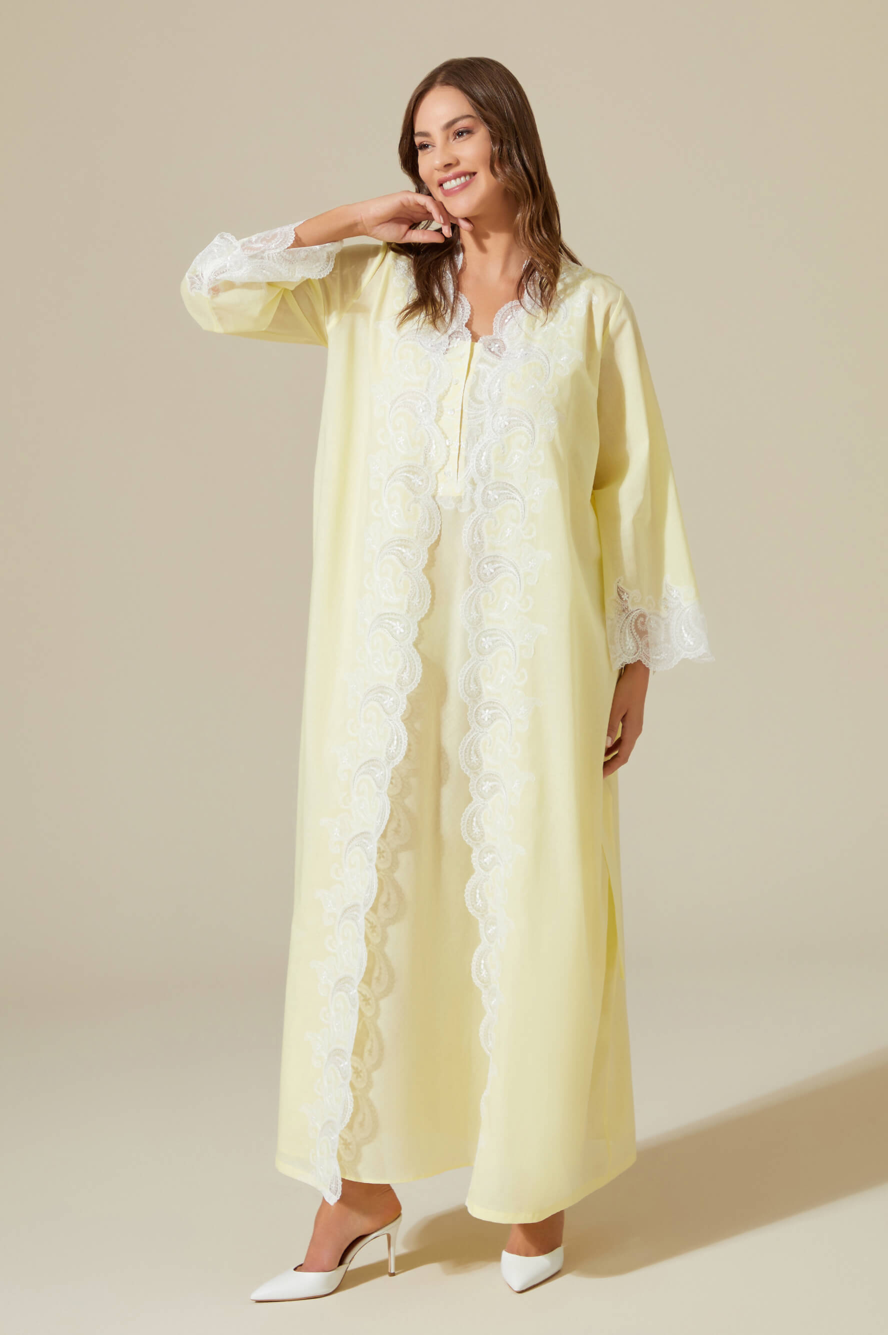 Grace - Trimmed Cotton Voile Long Sleeve Robe Set - Baby Yellow