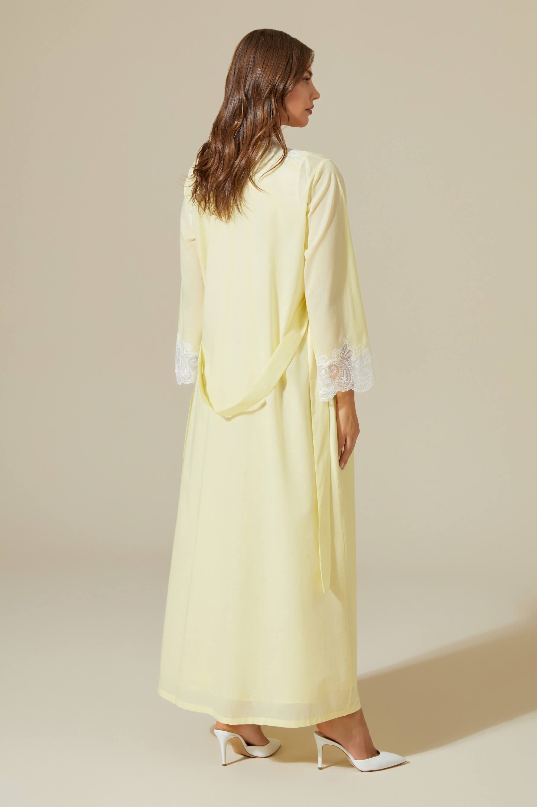 Grace - Trimmed Cotton Voile Long Sleeve Robe Set - Baby Yellow