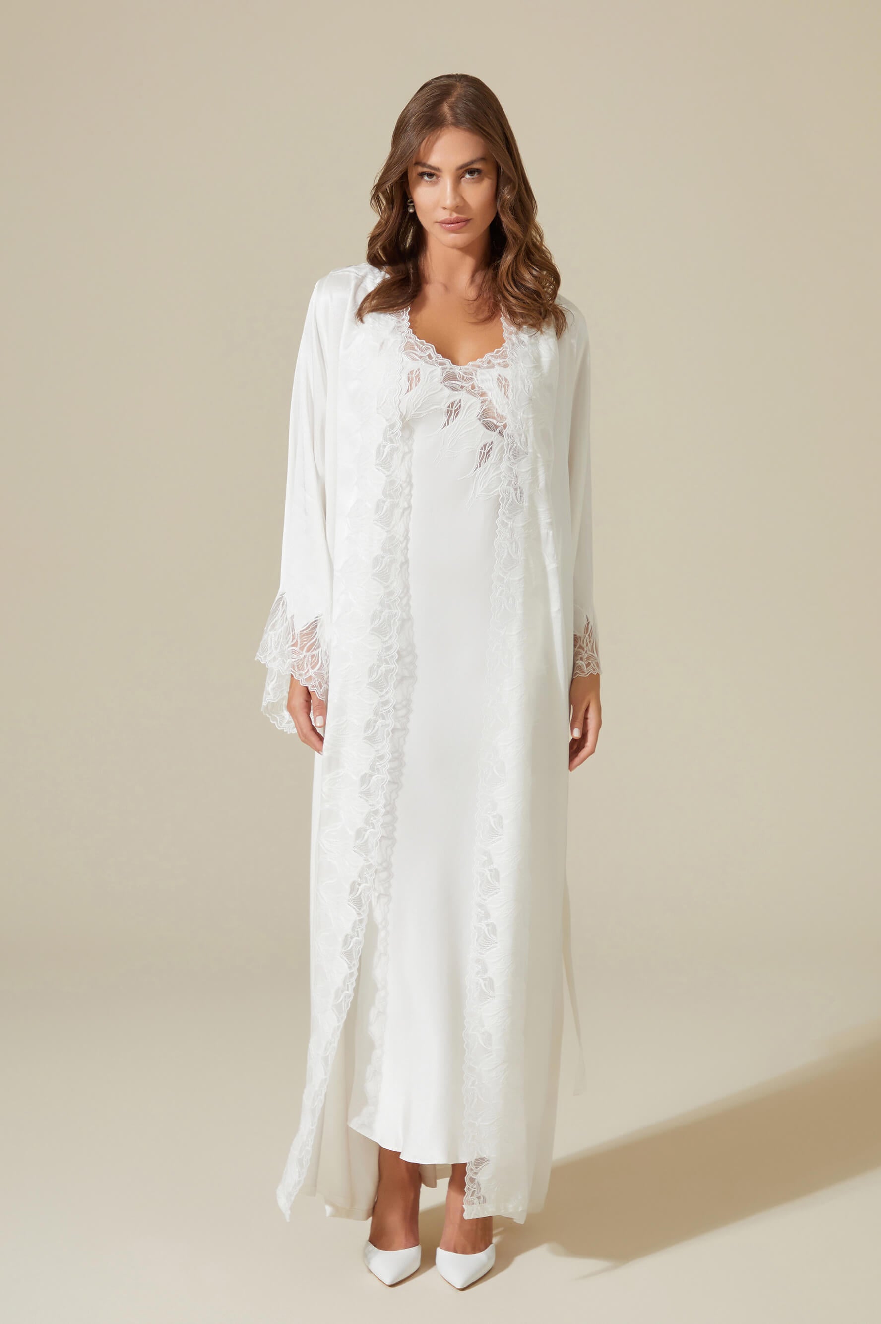 Lerna Long Rayon Robe Set with Long Nightgown - White on White