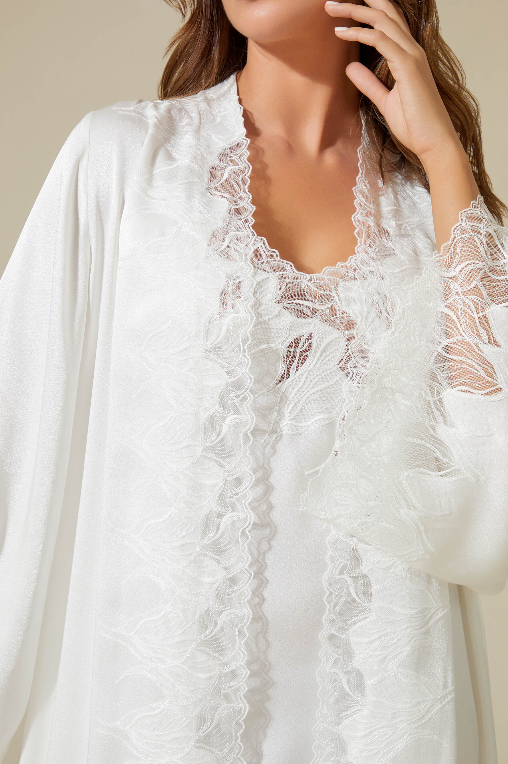 Lerna Long Rayon Robe Set with Long Nightgown - White on White