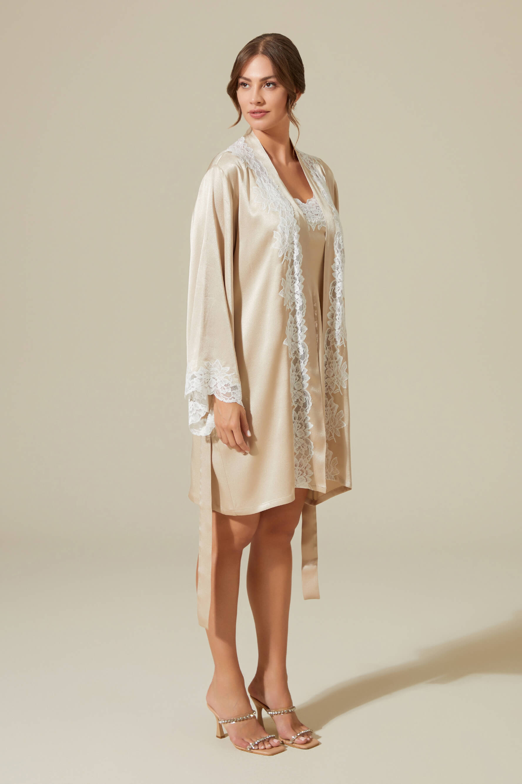 Vela Short Rayon Robe Set with Short Inner Nightgown- Off White on Beige