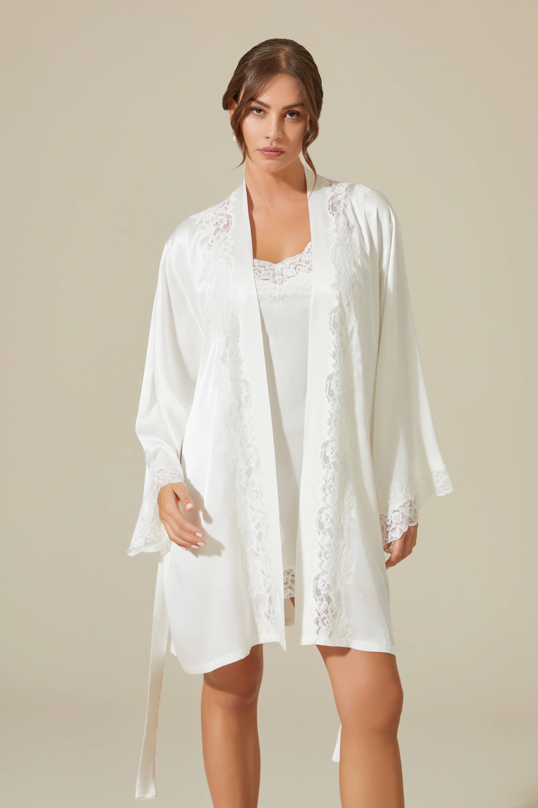 Vela Short Rayon Robe Set with Short Inner Nightgown- Off White on Off White