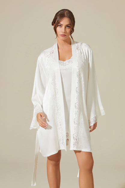 Vela Short Rayon Robe Set with Short Inner Nightgown- Off White on Off White
