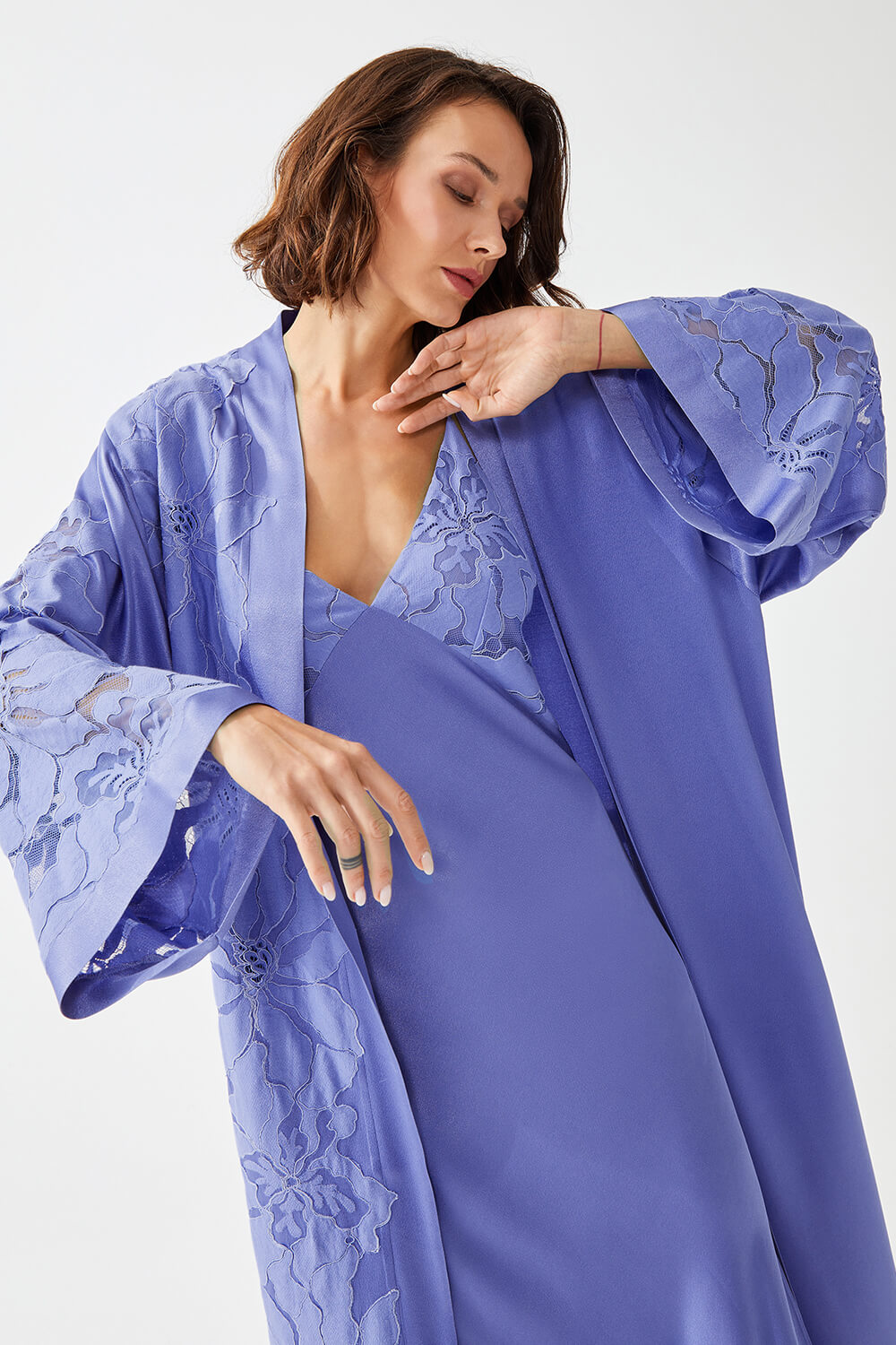 Bluebell Long Rayon Trimmed Robe Set with Bias Cut Slip Dress - Lilac
