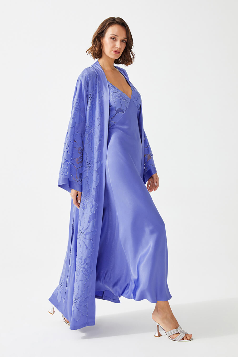 Bluebell Long Rayon Trimmed Robe Set with Bias Cut Slip Dress - Lilac