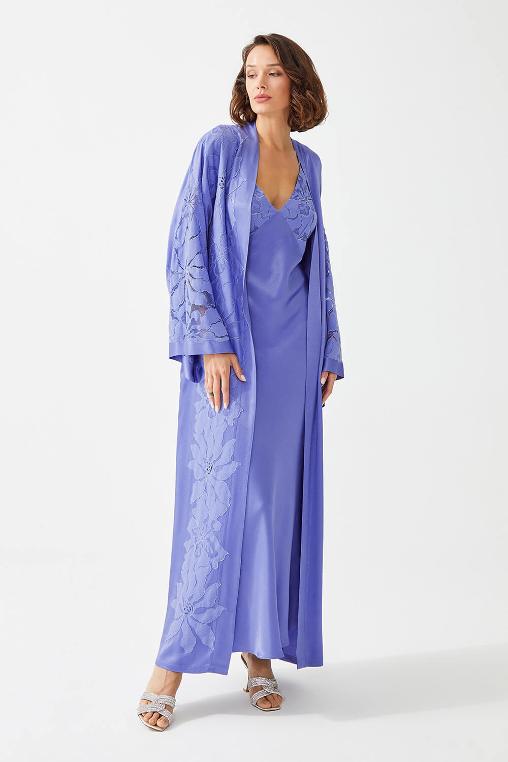 Bluebell Long Rayon Trimmed Robe Set with Bias Cut Slip Dress - Lilac