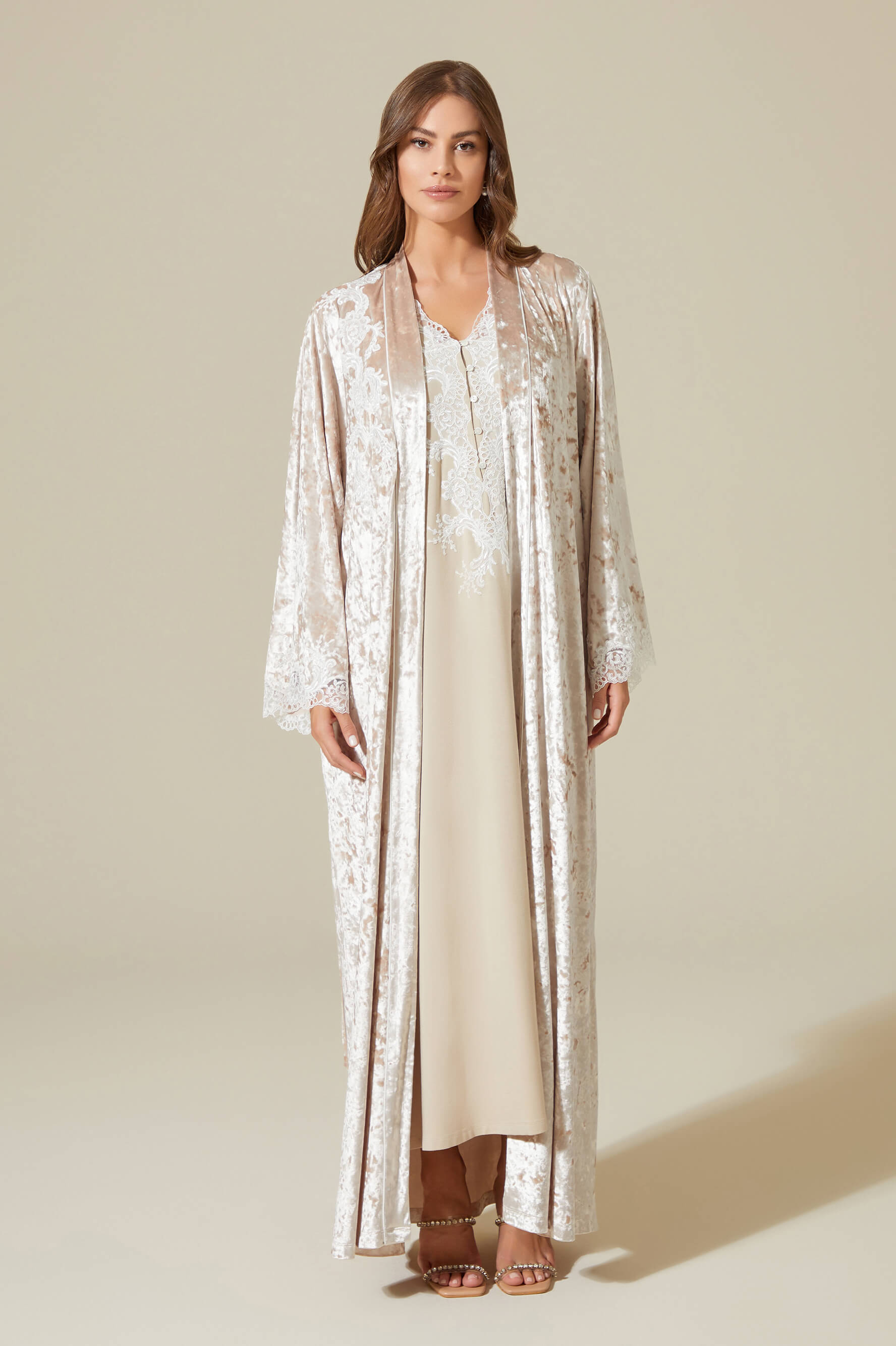 Rana Long Velvet Robe Set with Combed Cotton Inner Nightgown - Off White on Beige