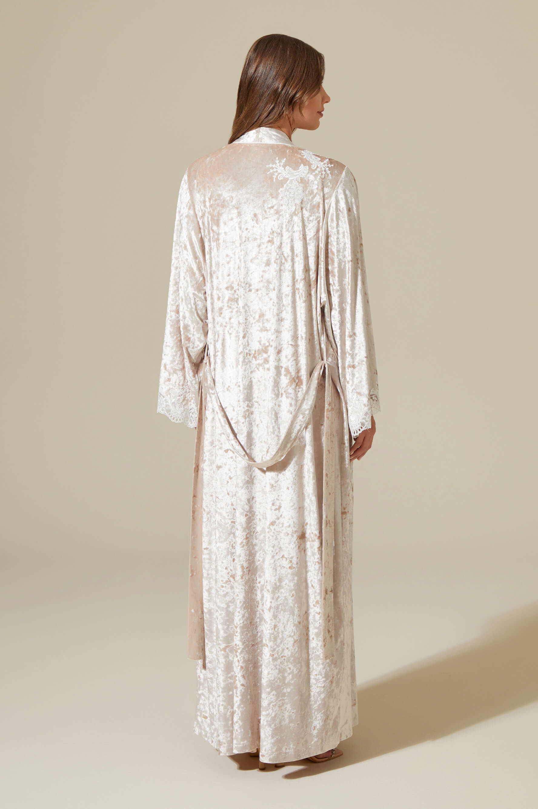 Rana Long Velvet Robe Set with Combed Cotton Inner Nightgown - Off White on Beige