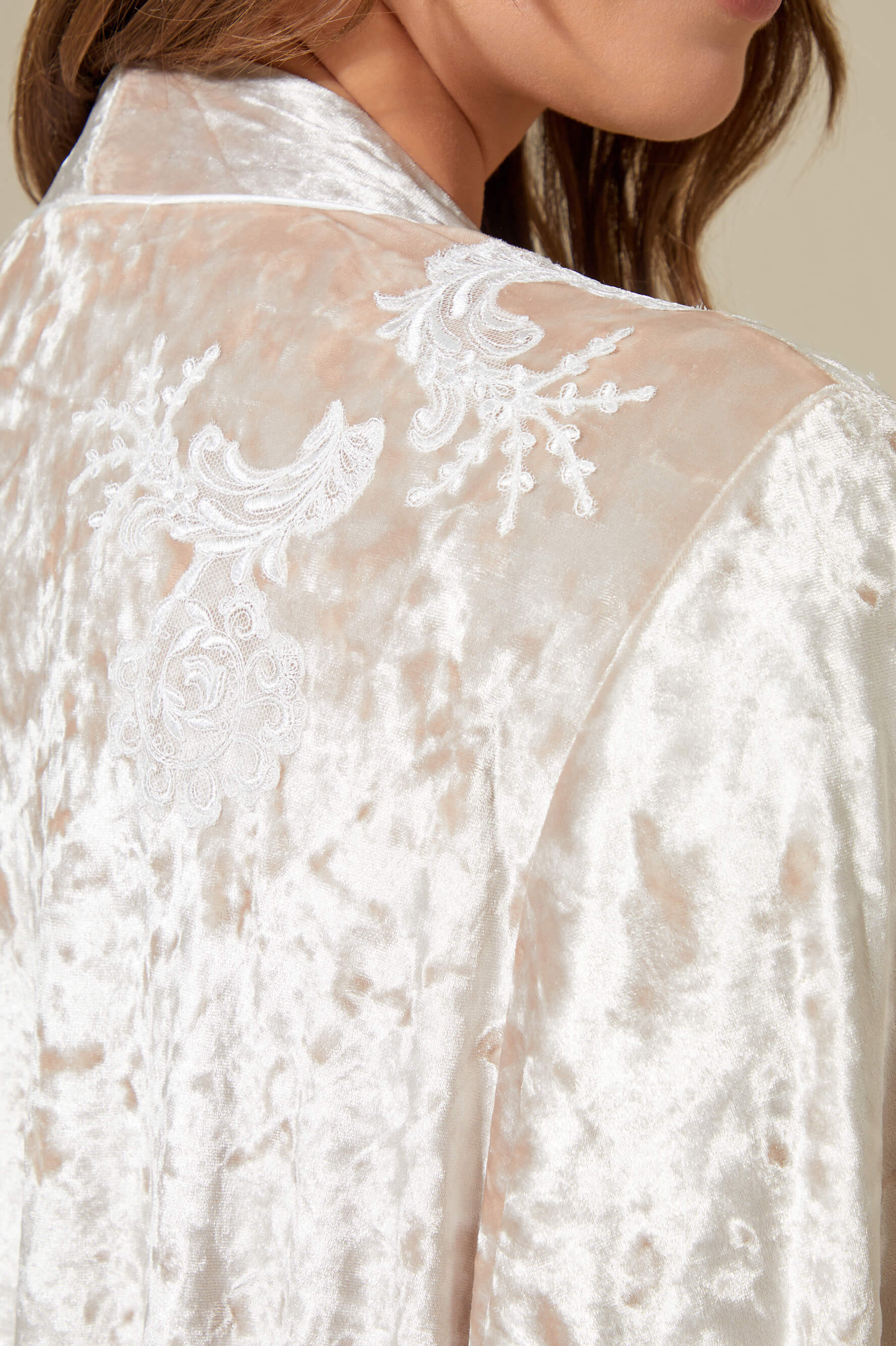 Rana Long Velvet Robe Set with Combed Cotton Inner Nightgown - Off White on Beige