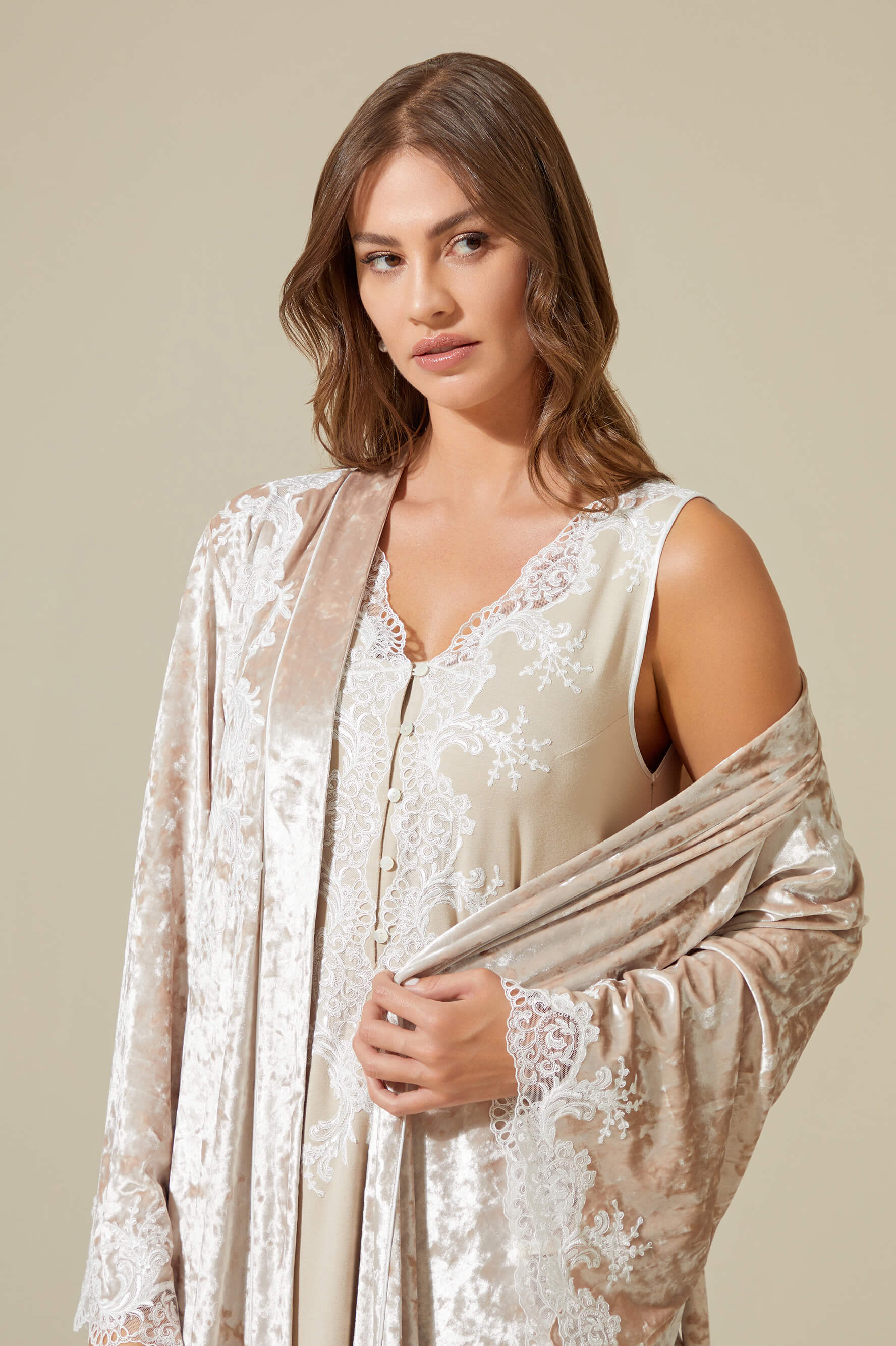 Rana Long Velvet Robe Set with Combed Cotton Inner Nightgown - Off White on Beige