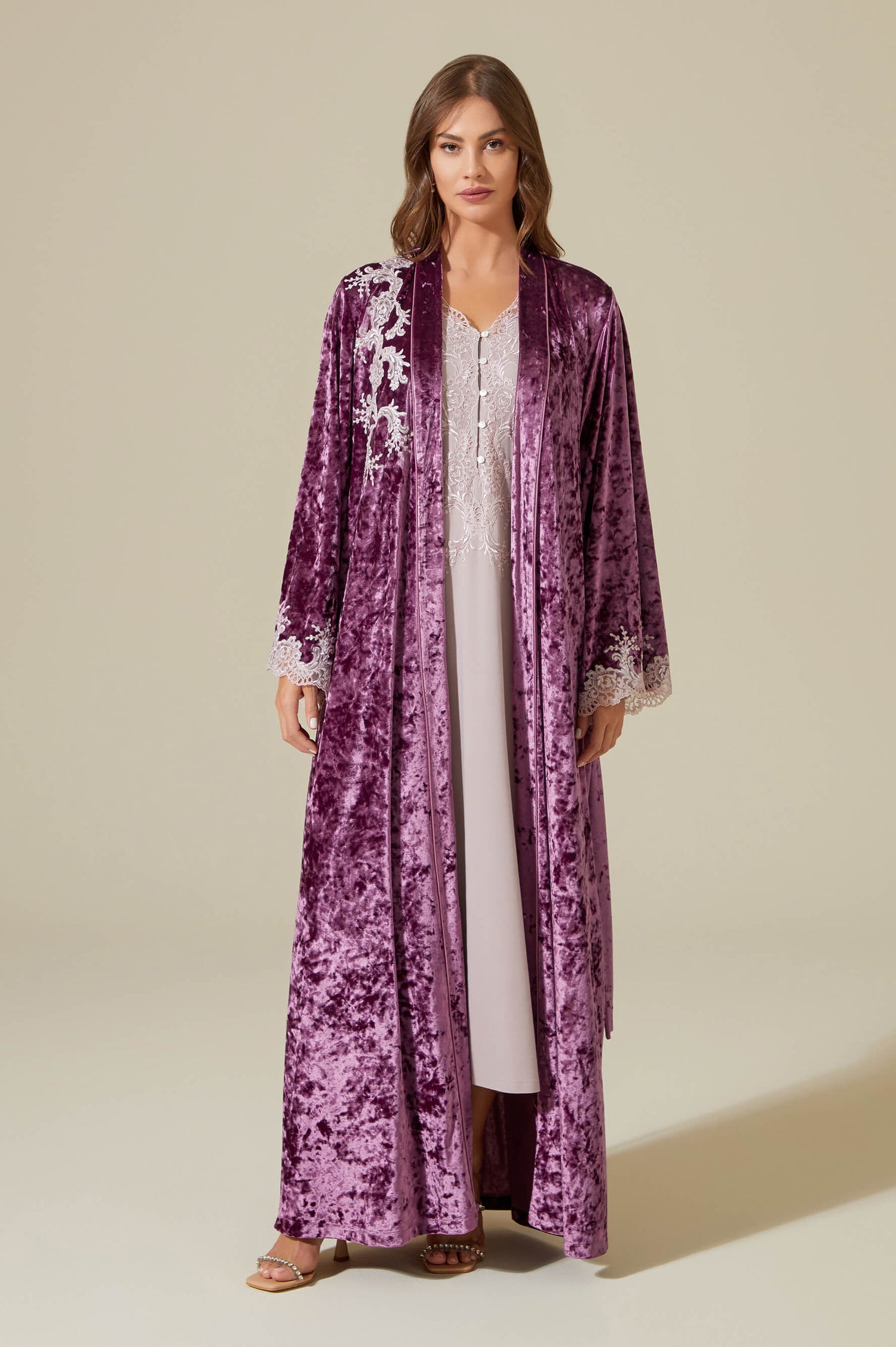 Rana Long Velvet Robe Set with Combed Cotton Inner Nightgown - Powder on Plum