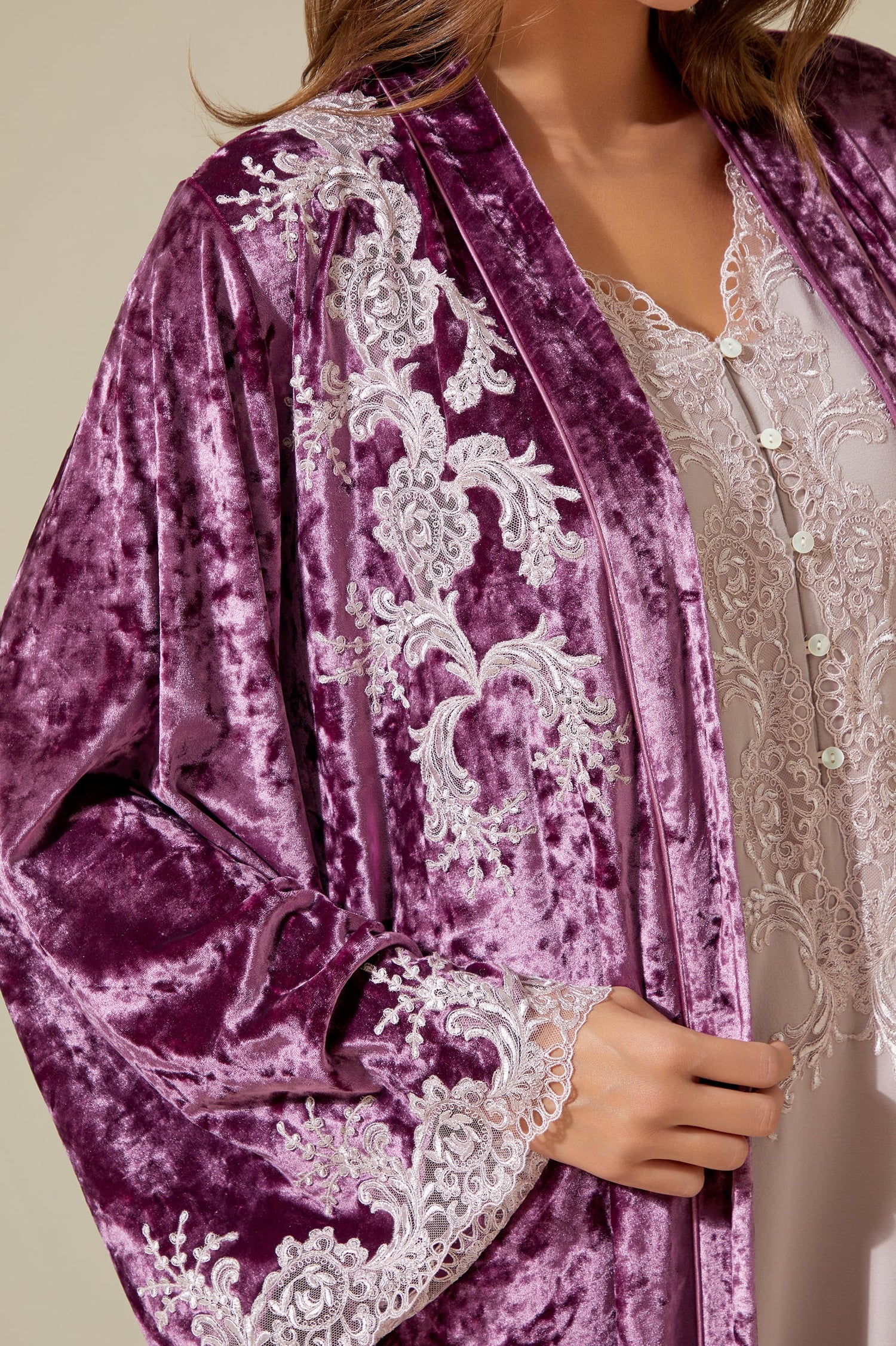 Rana Long Velvet Robe Set with Combed Cotton Inner Nightgown - Powder on Plum