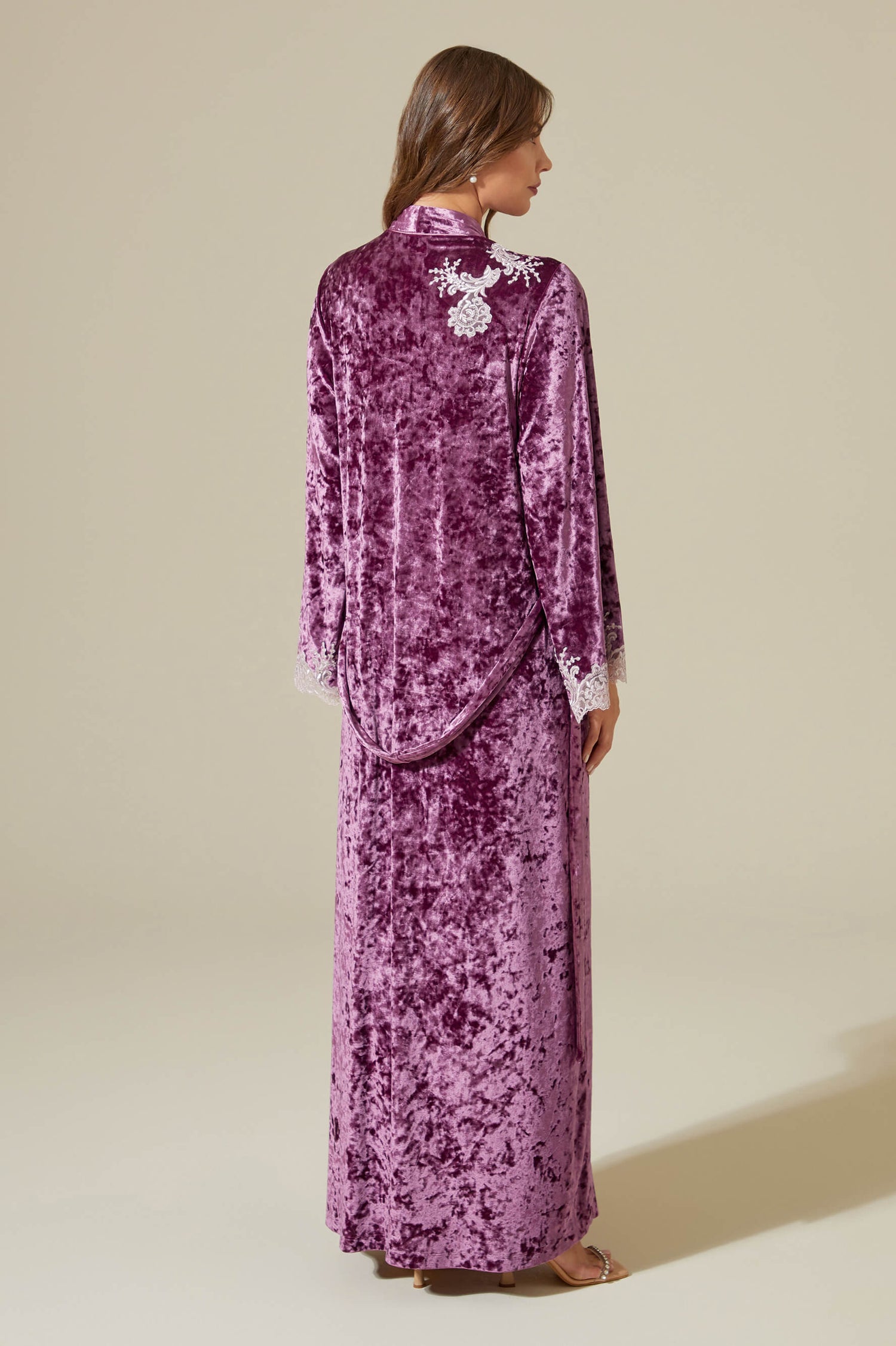 Rana Long Velvet Robe Set with Combed Cotton Inner Nightgown - Powder on Plum