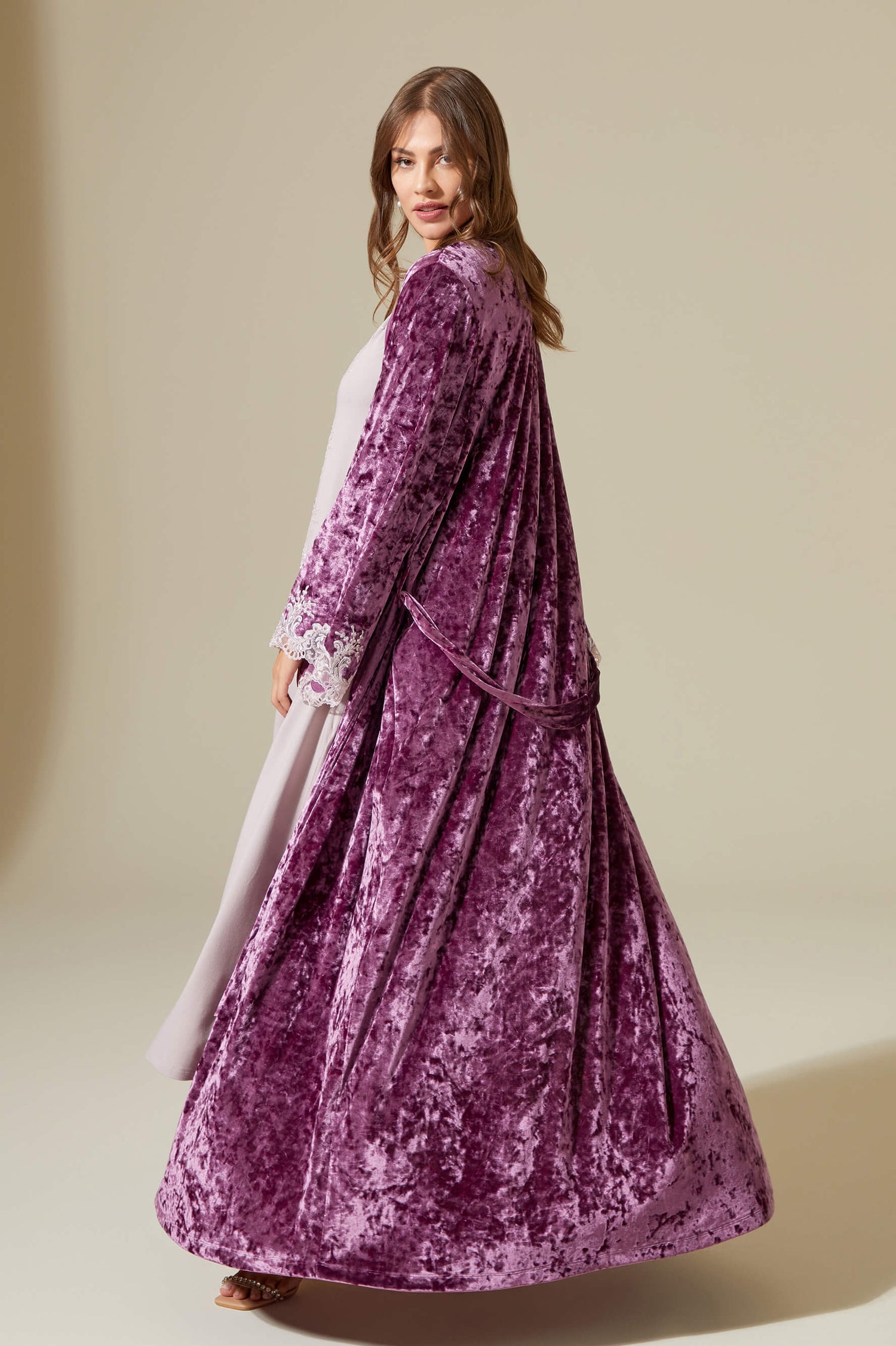 Rana Long Velvet Robe Set with Combed Cotton Inner Nightgown - Powder on Plum