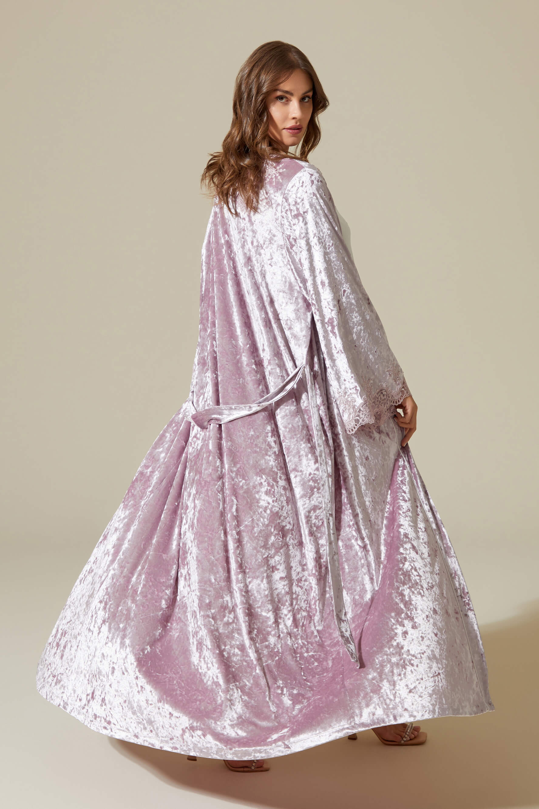 Rana Long Velvet Robe Set with Combed Cotton Inner Nightgown - Powder on Powder