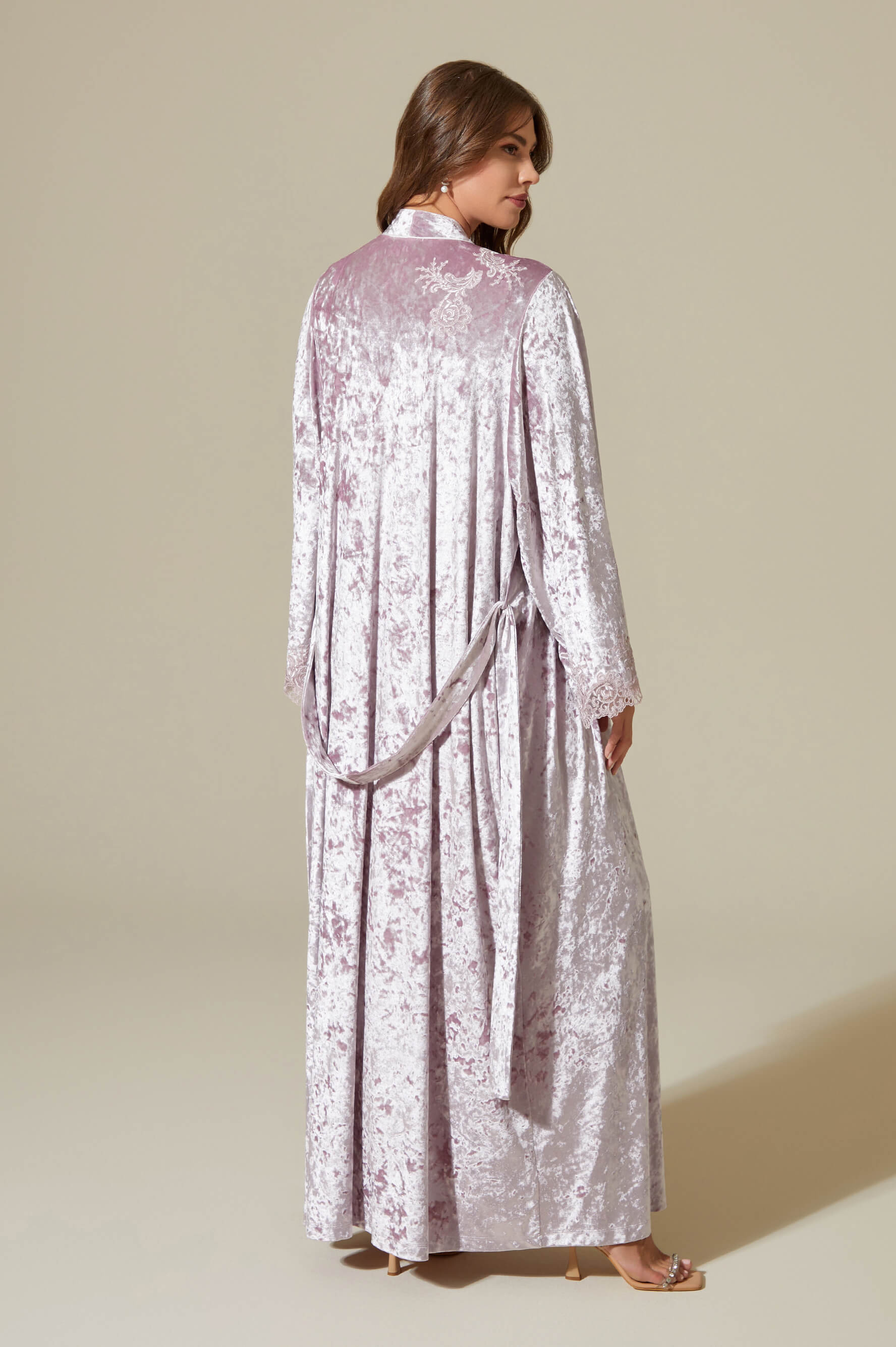 Rana Long Velvet Robe Set with Combed Cotton Inner Nightgown - Powder on Powder