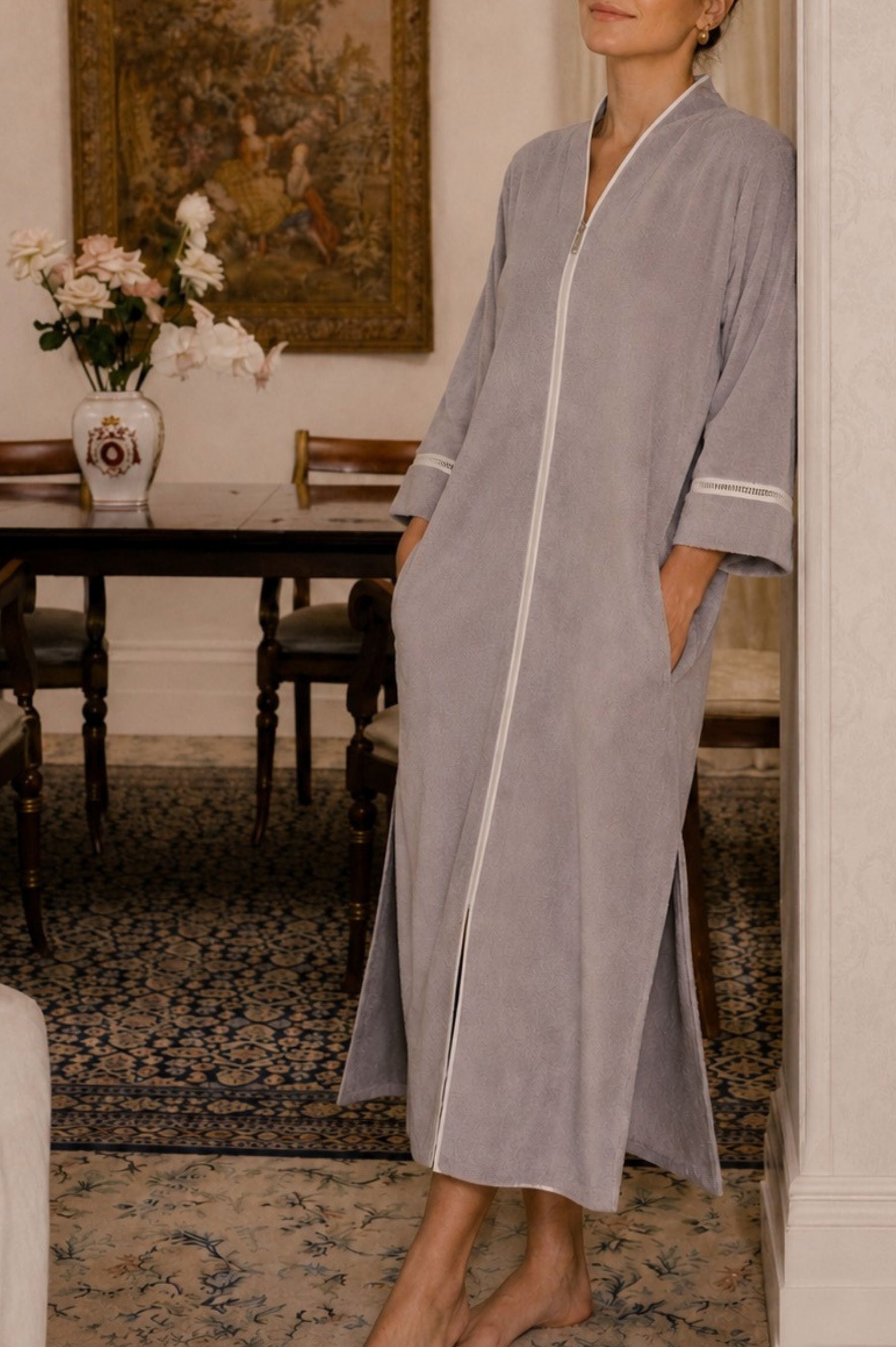 Luxury grey cotton towel bathrobe by Bocan Couture