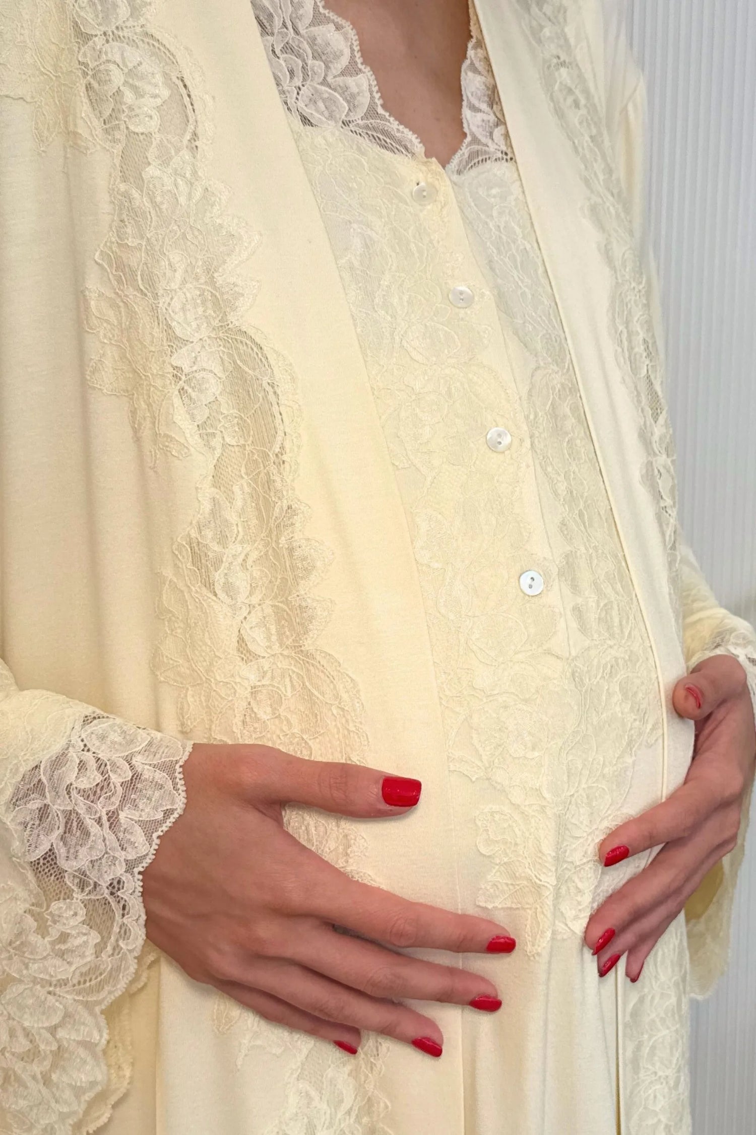 Solenne Long Cotton Jersey Robe Set with Honey Lace on Honey