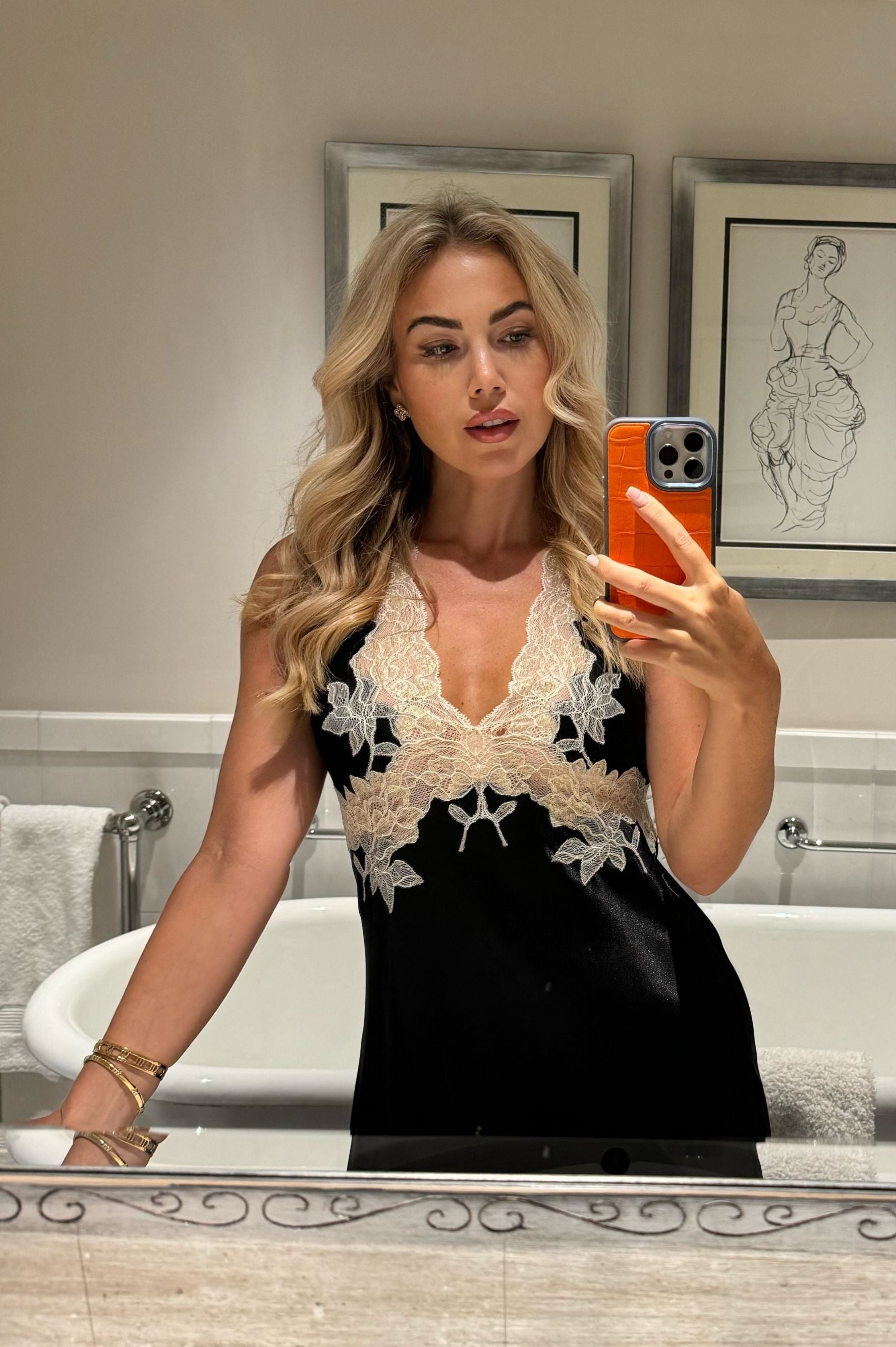 Melanie - Long Silk Satin Trimmed Nightgown - Black with Gold Lace