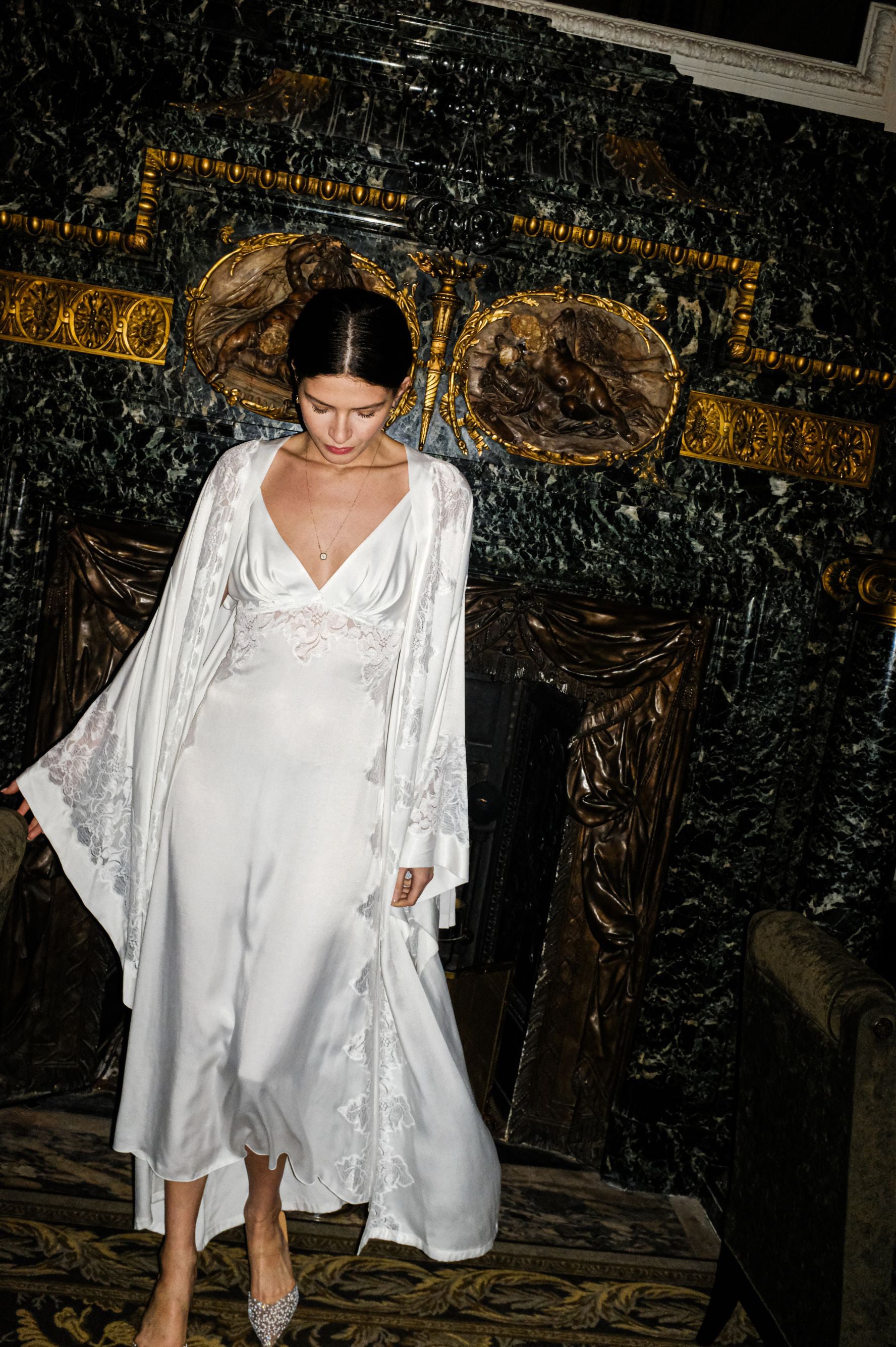 Arabella Long CUPRO Robe Set with Off White Lace on Off White