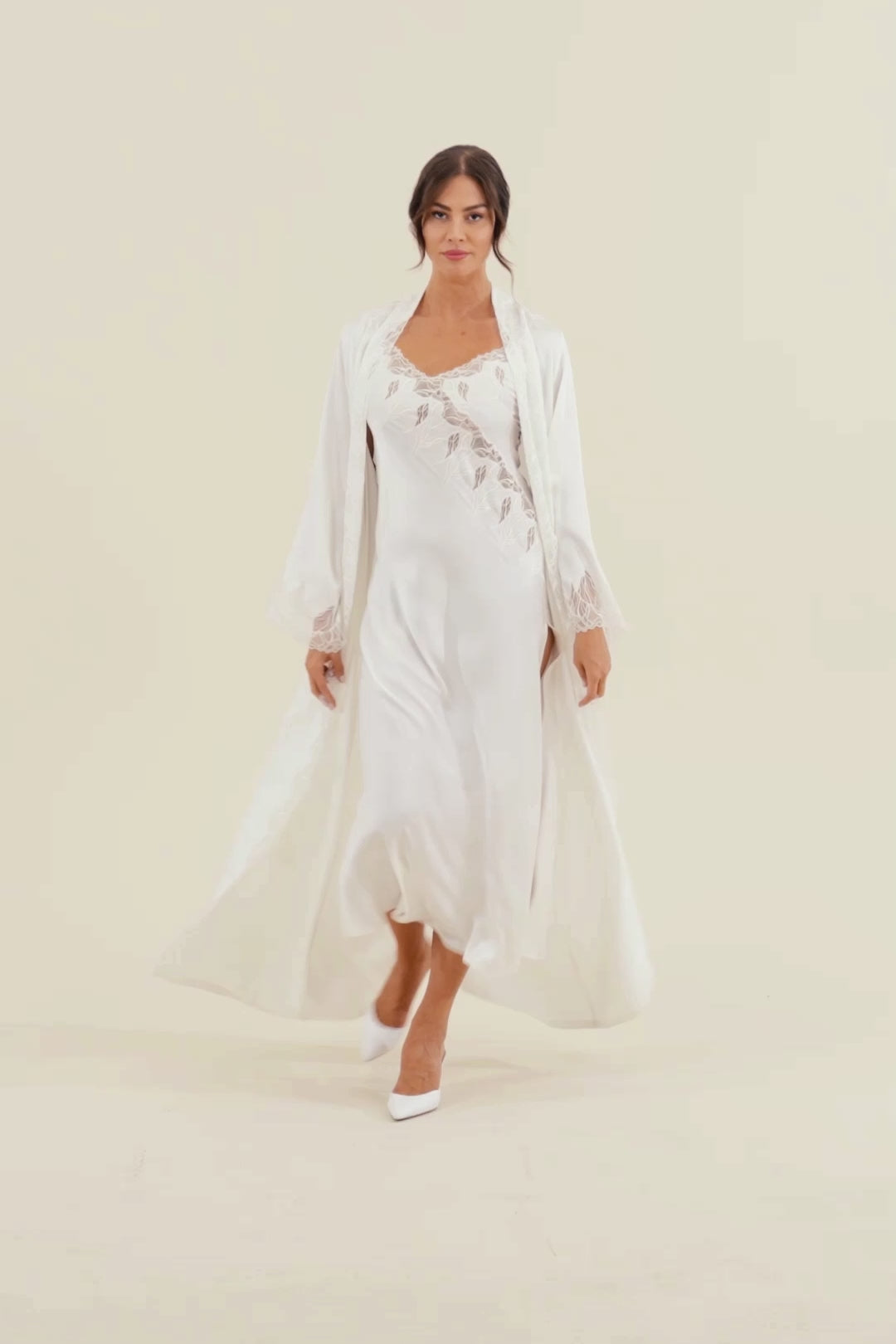 Lerna Long Rayon Robe Set with Long Nightgown - White on White
