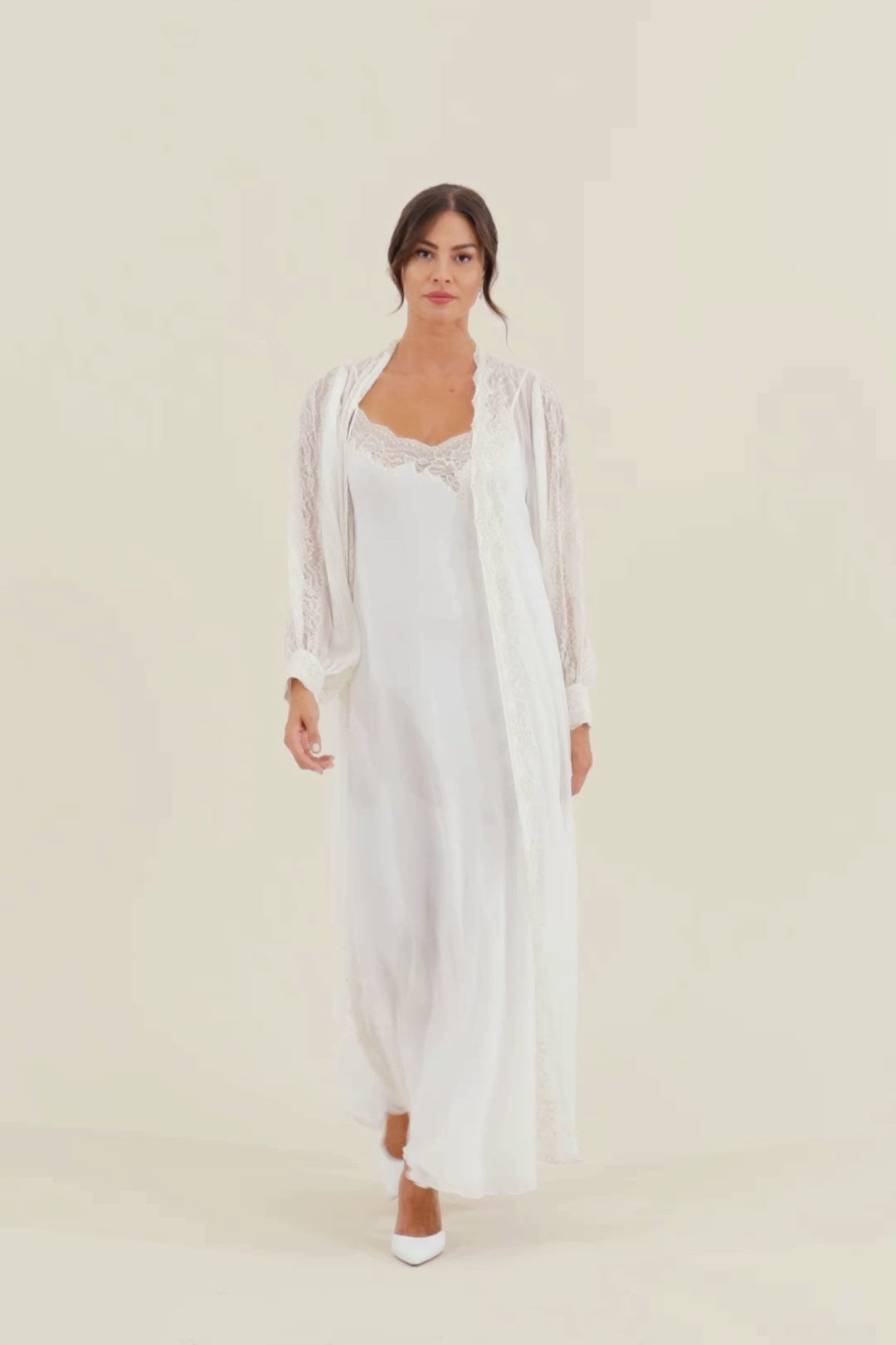 Ora - Long Silky Chiffon Robe Set - Golden Lace detail on White