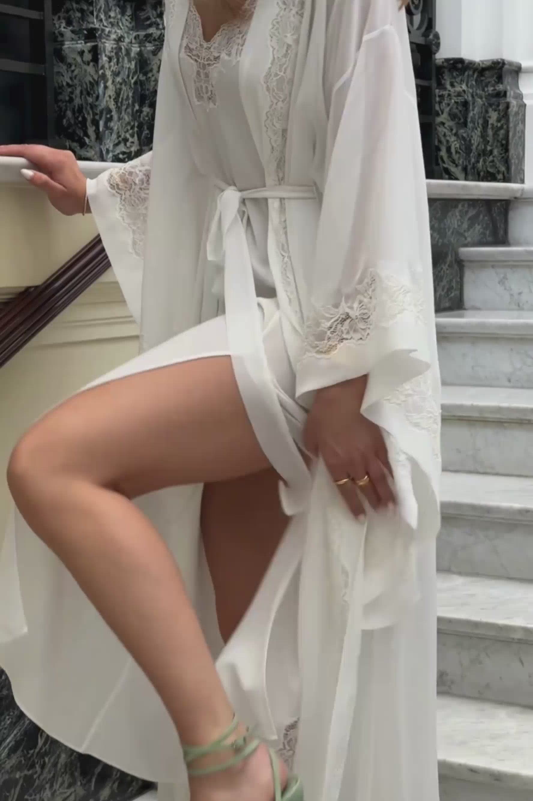 Sheila Long Silky Chiffon Robe Set with Off White Lace on Off White