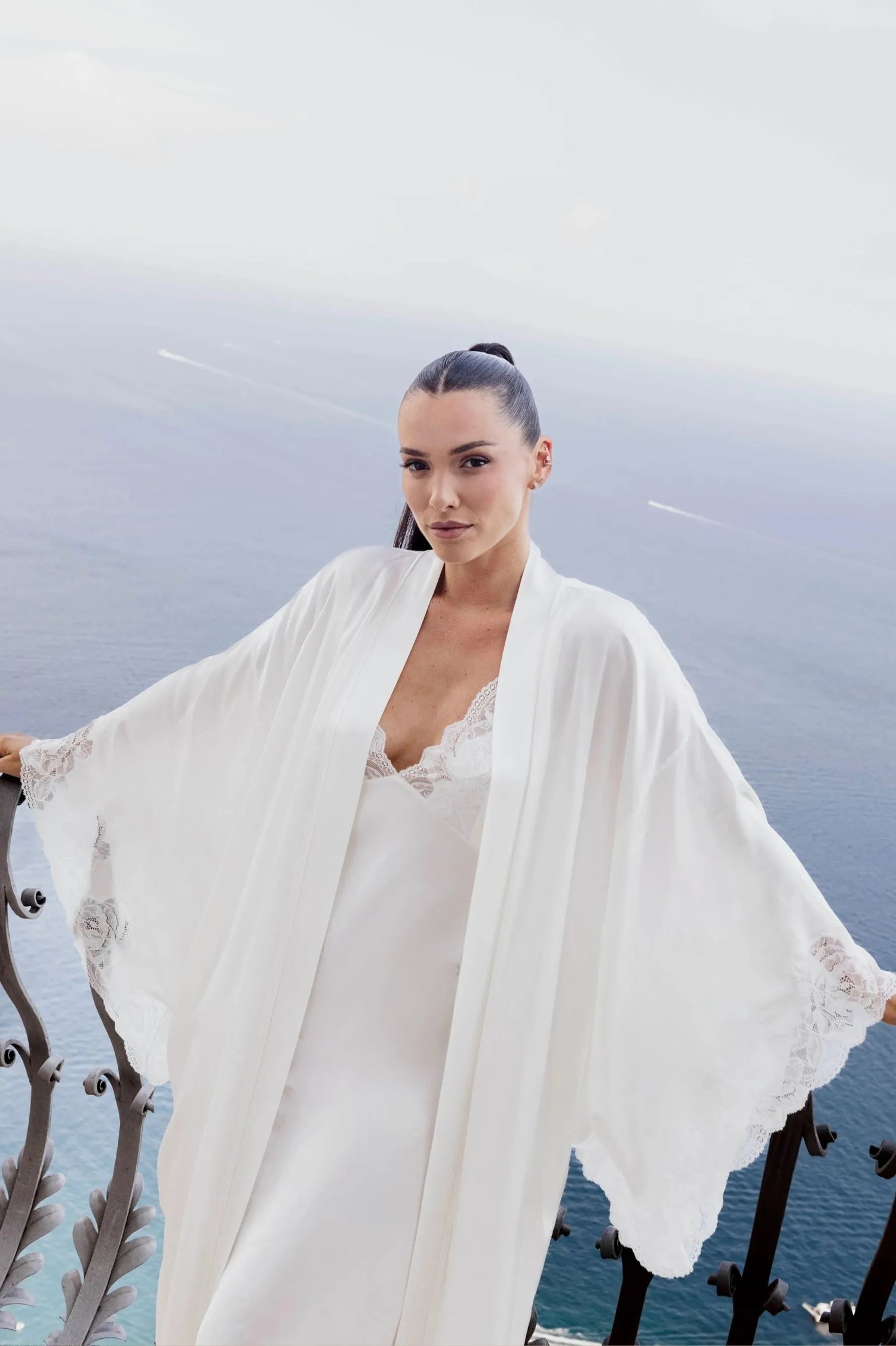 Ross Long Rayon Robe Set with Off White Lace on Off White