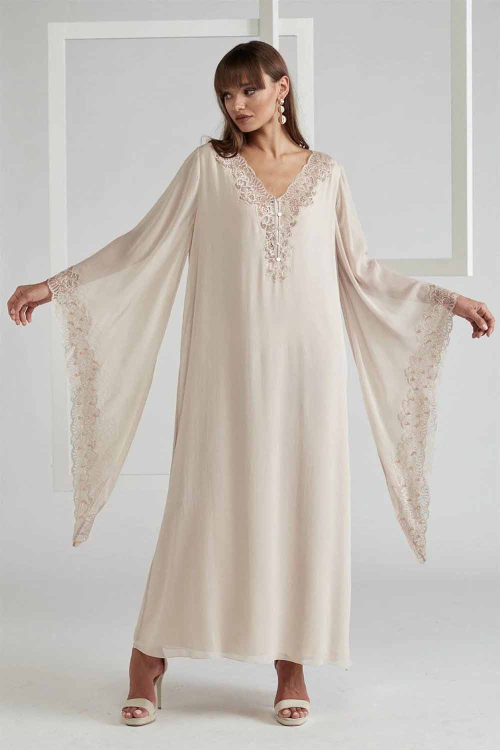 Silky Chiffon Dress Triangular Sleeve Beige - Nude