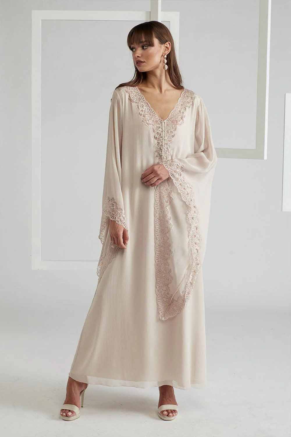 Silky Chiffon Dress Triangular Sleeve Beige - Nude