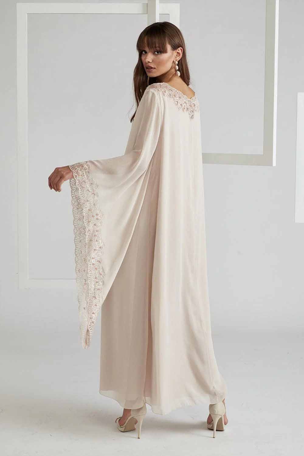 Silky Chiffon Dress Triangular Sleeve Beige - Nude