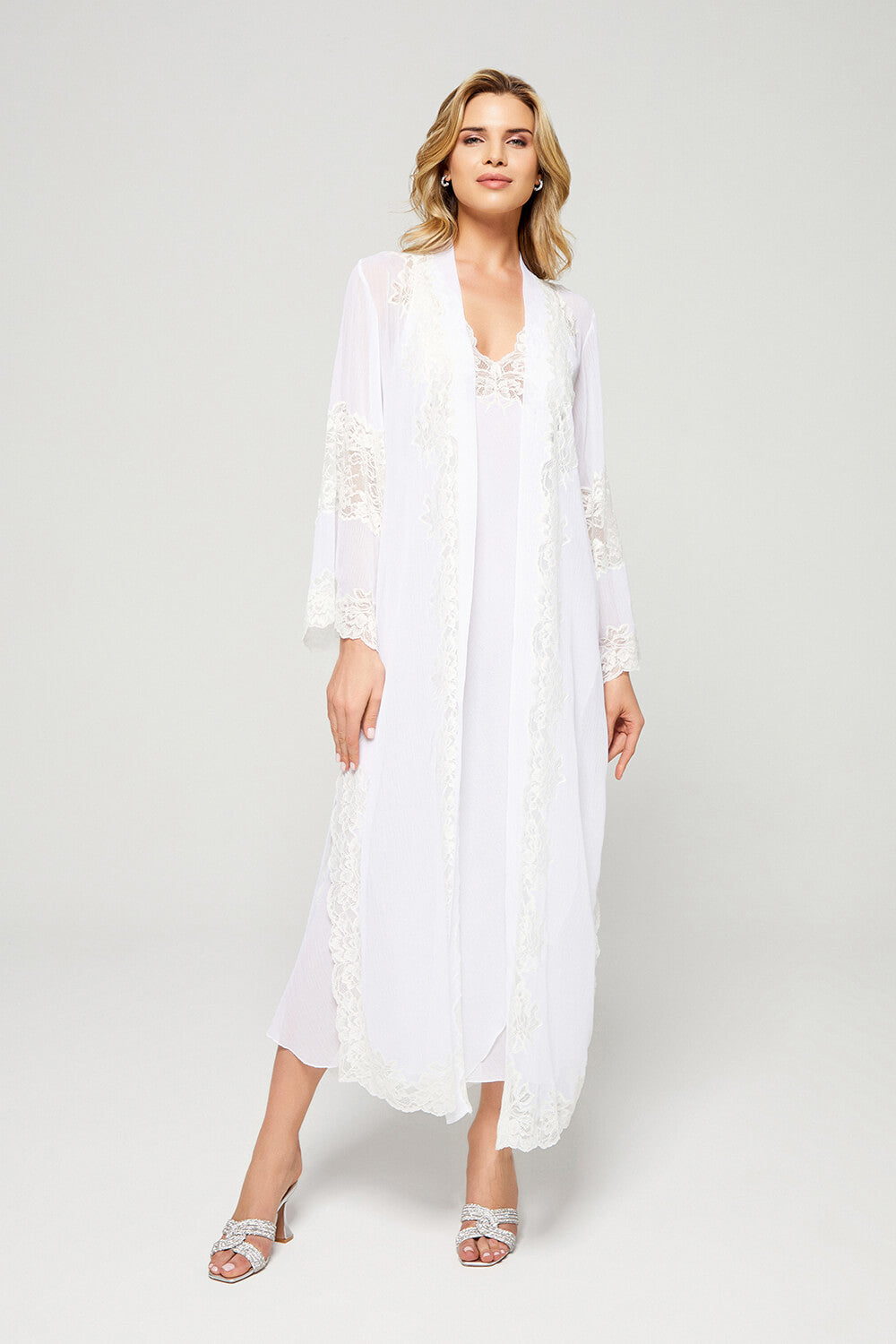 Lois - Long Silky Chiffon Robe Set - White on White