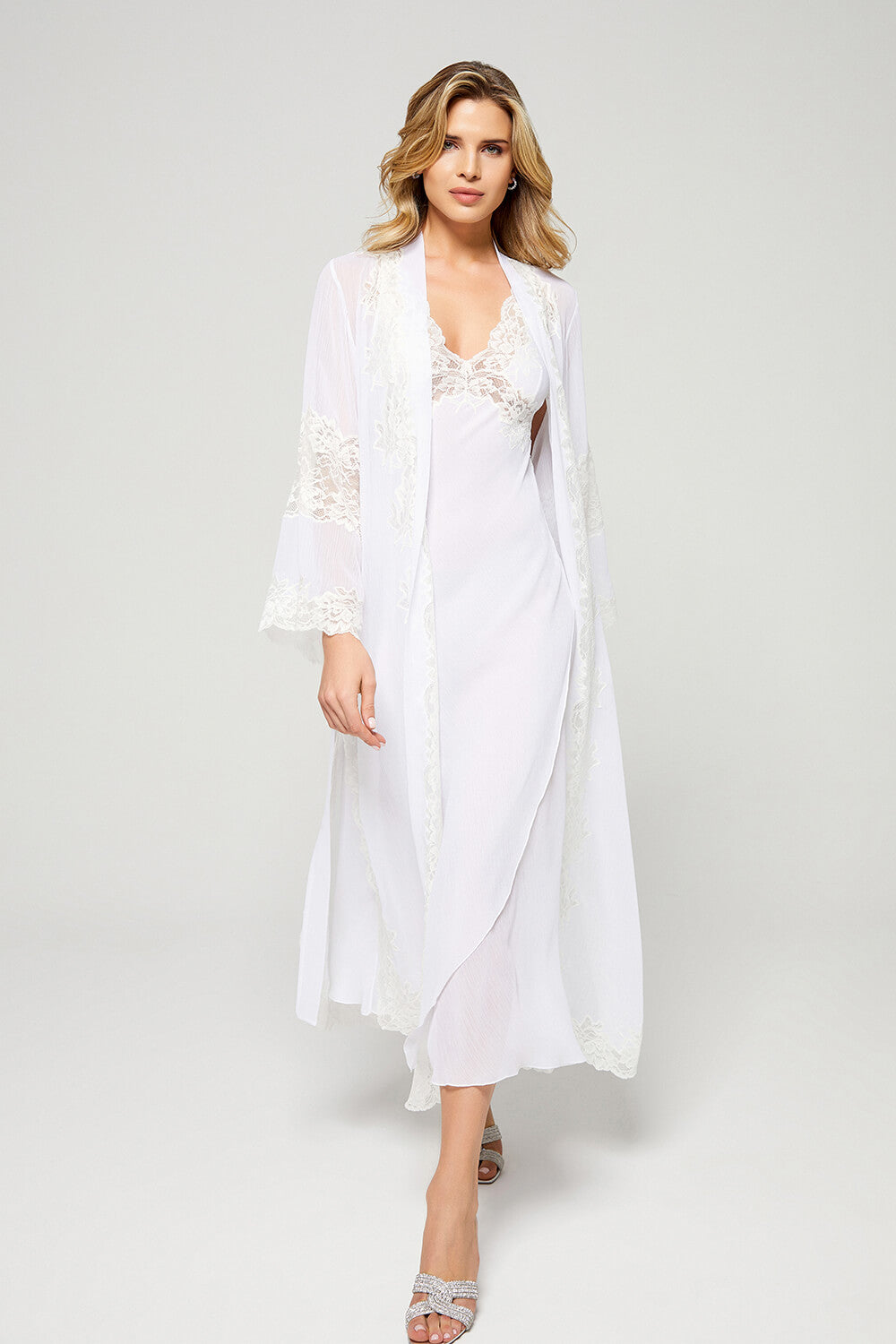 Lois - Long Silky Chiffon Robe Set - White on White