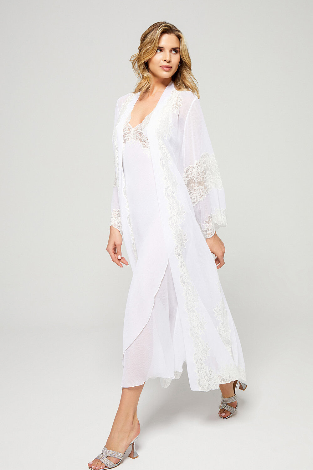 Lois - Long Silky Chiffon Robe Set - White on White