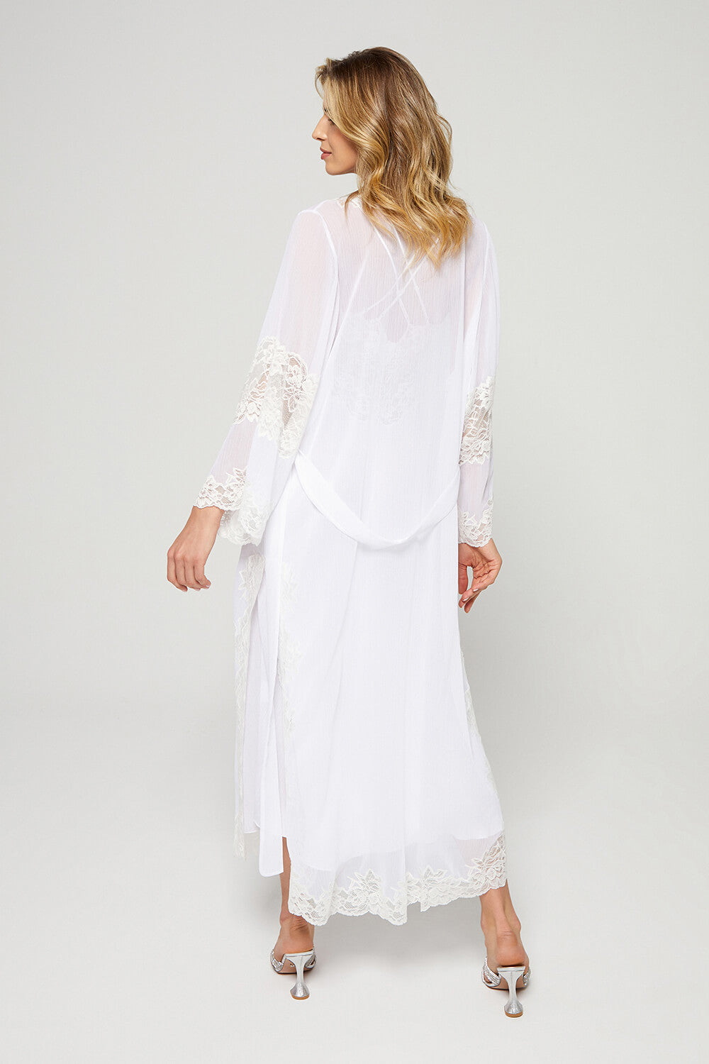 Lois - Long Silky Chiffon Robe Set - White on White