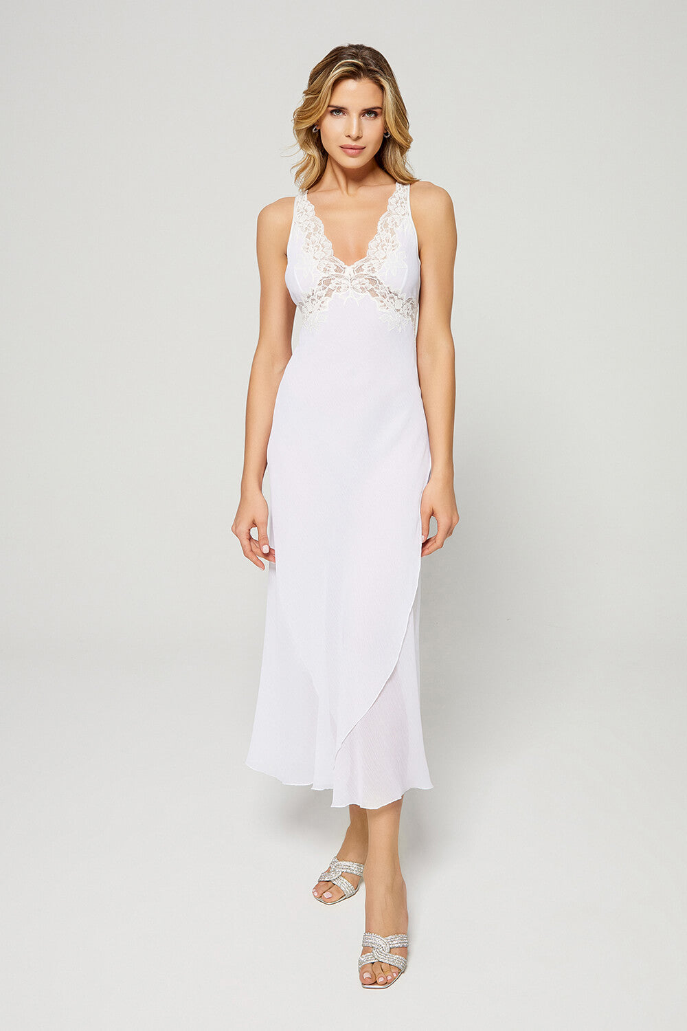 Fearne - Long Envelope Silk Nightgown - White Lace on White