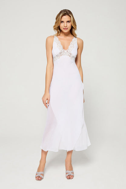 Fearne - Long Envelope Silk Nightgown - Baby Blue Lace on White