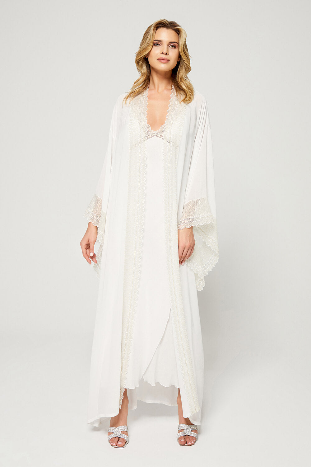 Amelia- Trimmed Silky Chiffon Kimono Set - Gold Lace on Off White