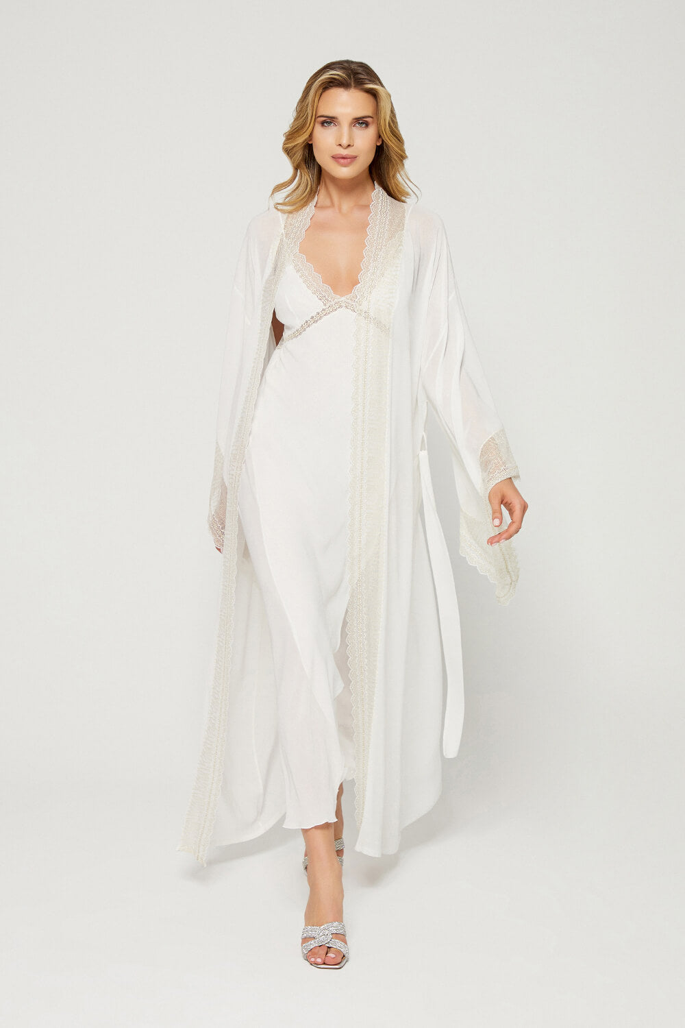 Amelia- Trimmed Silky Chiffon Kimono Set - Gold Lace on Off White